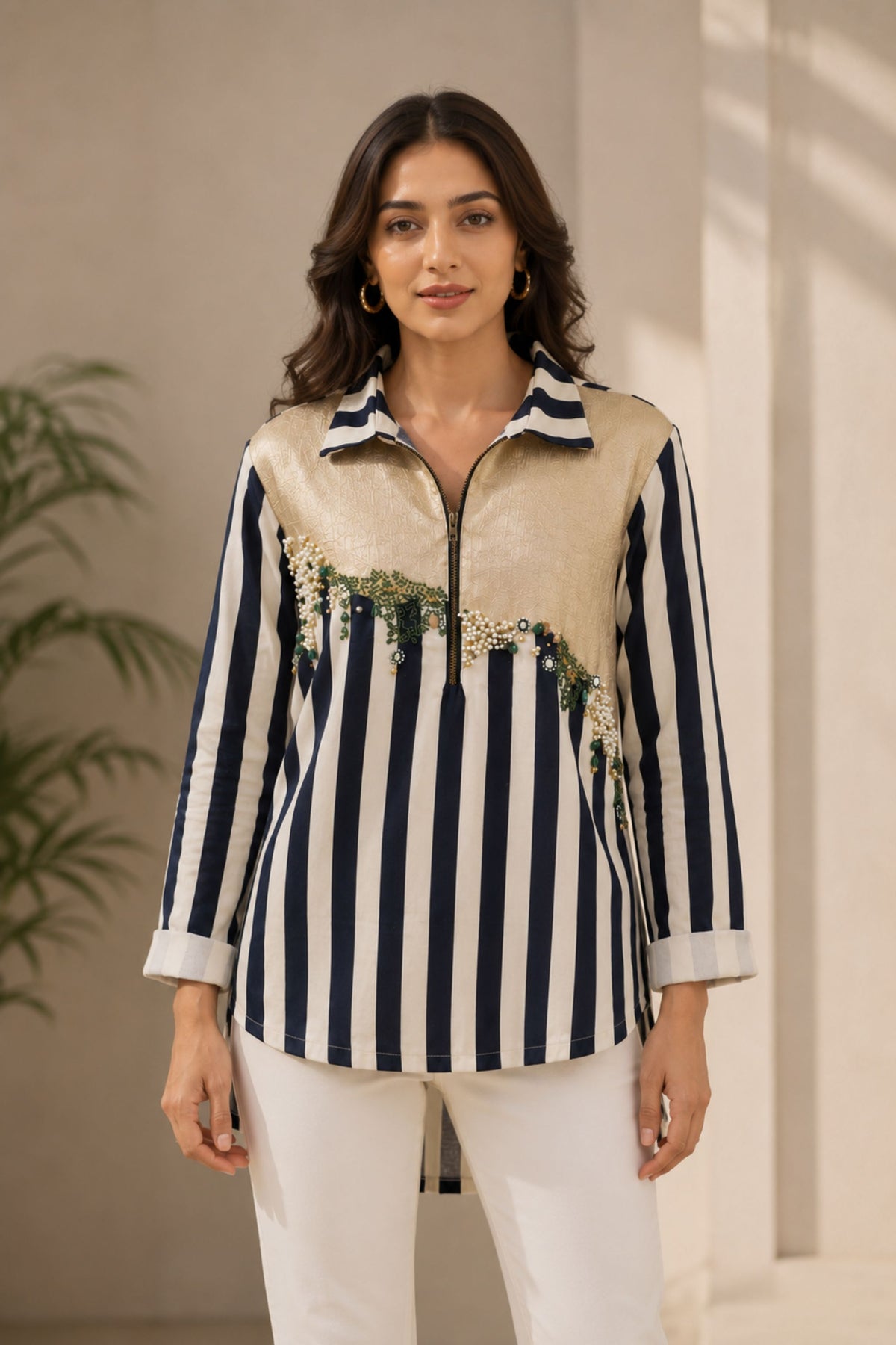 Navy Stripe Embellished Zip-Up Shirt