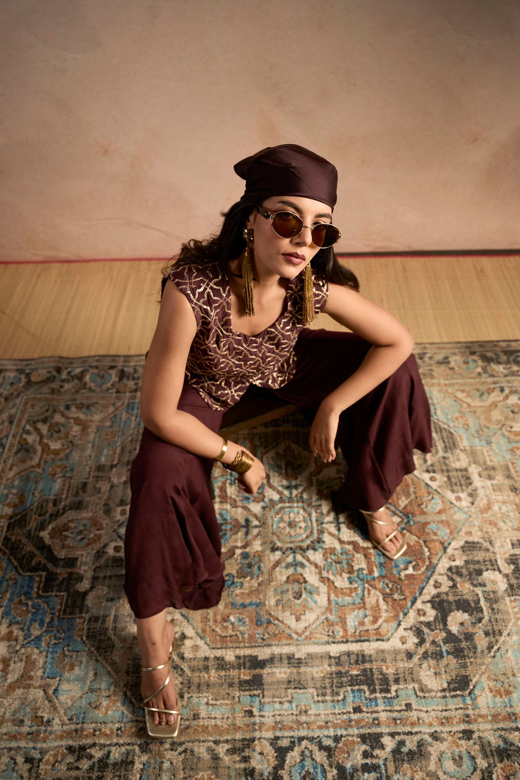 Embellished Waist coat with Flared Brown Pants