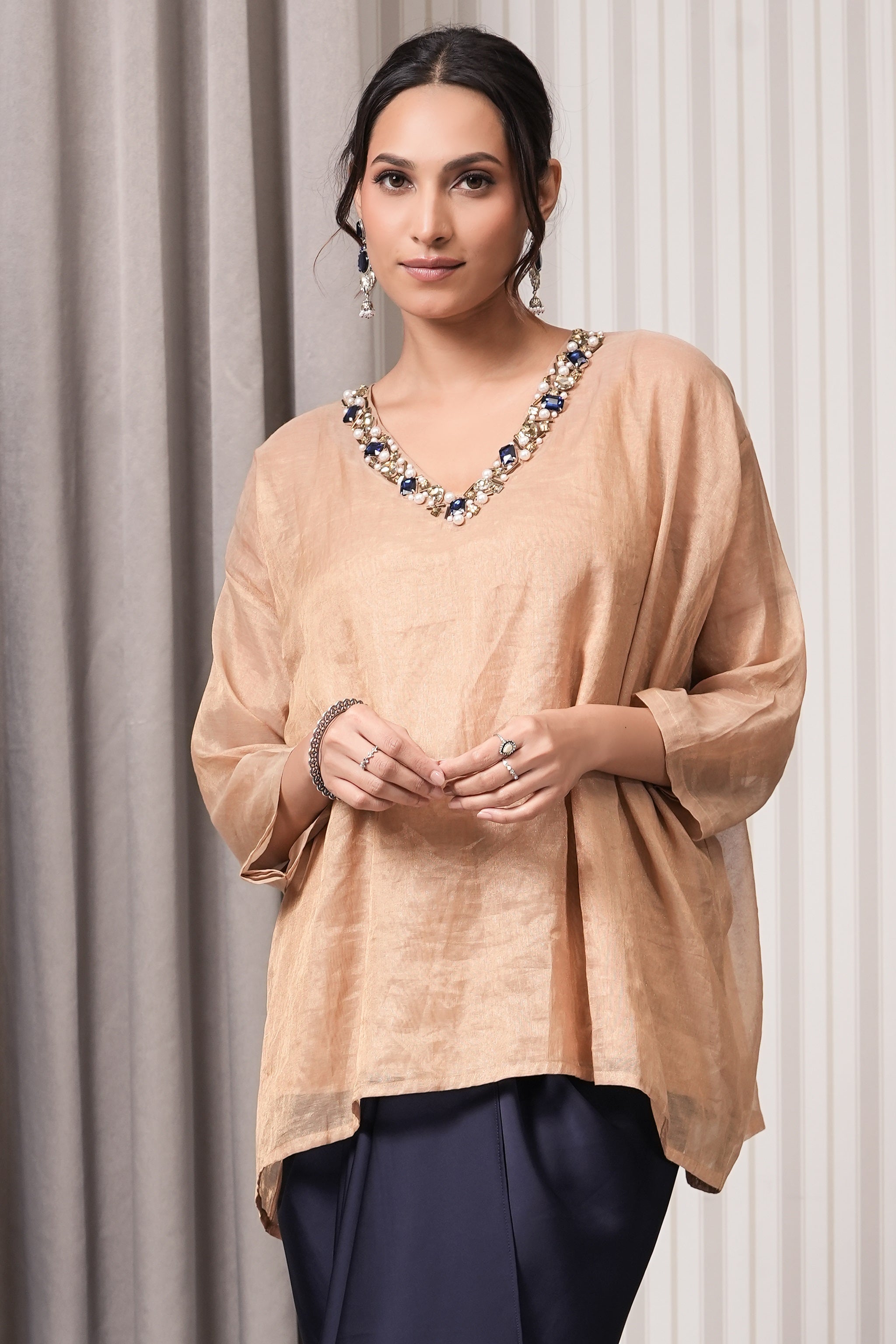 Pearl & Stone Embroidered Pure Tissue Top Draping Skirt Set - Golden