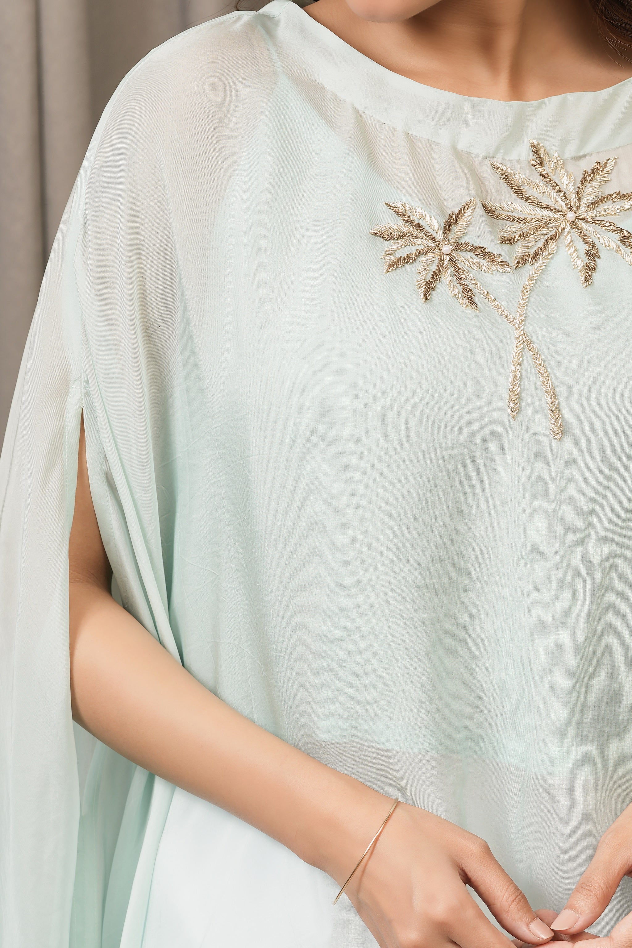 Handcrafted Viscose Organza Cape Kurta - Mint