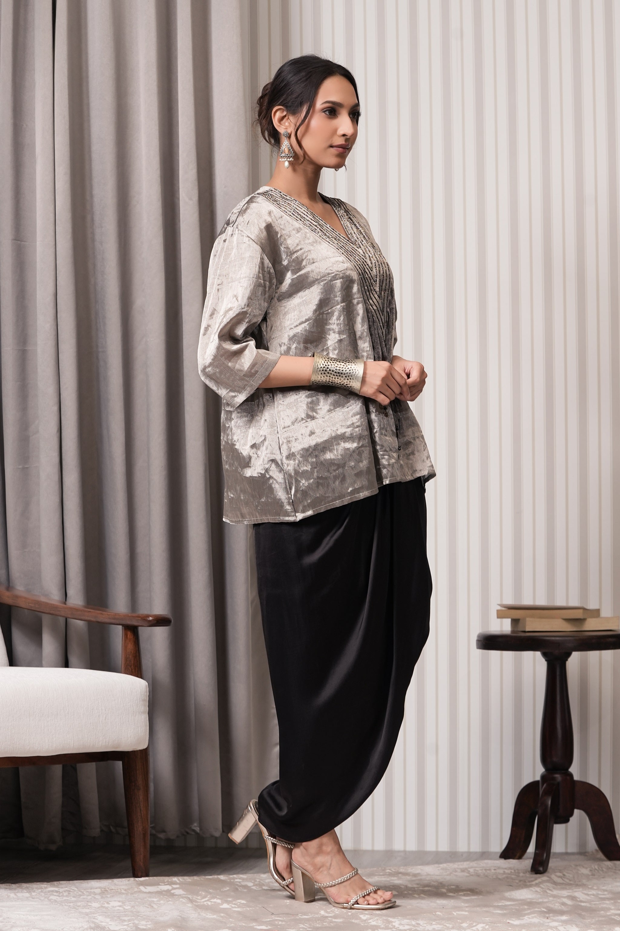 Embroidered Pure Silk Top with Draping Skirt- Silver