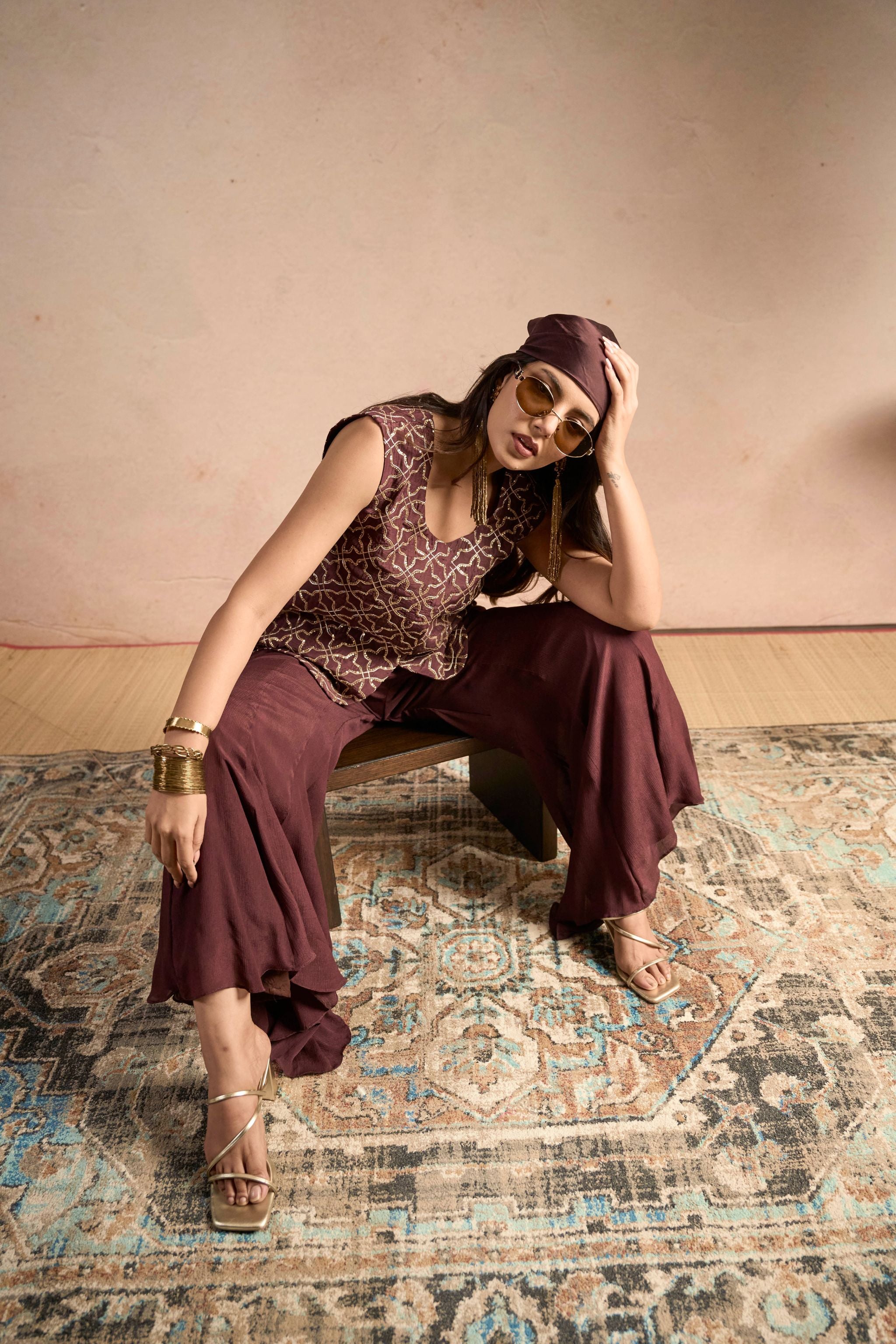 Embellished Waist coat with Flared Brown Pants