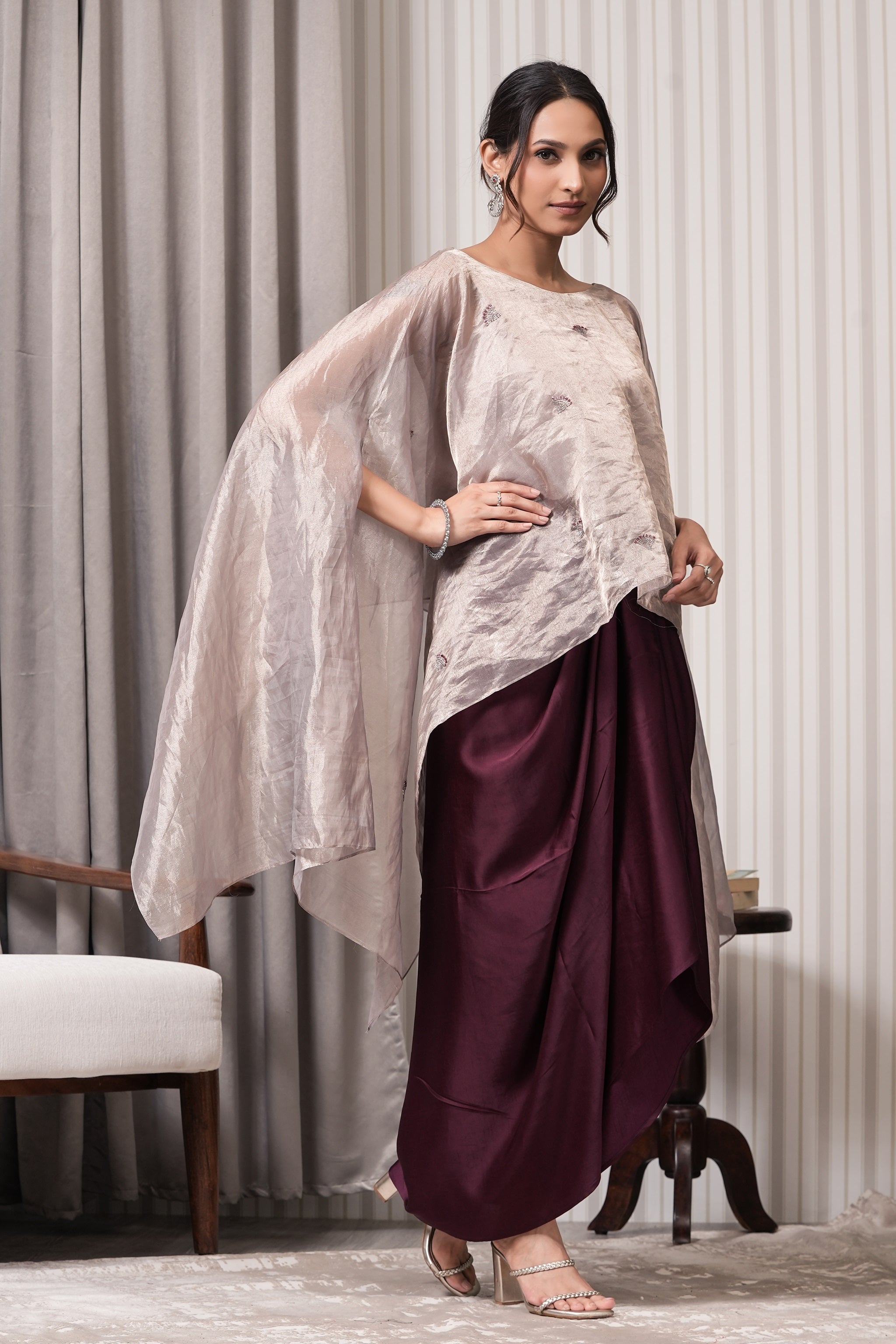 Handcrafted Embroidered Pure Silk Tissue Top and Draping Skirt Set - Silver