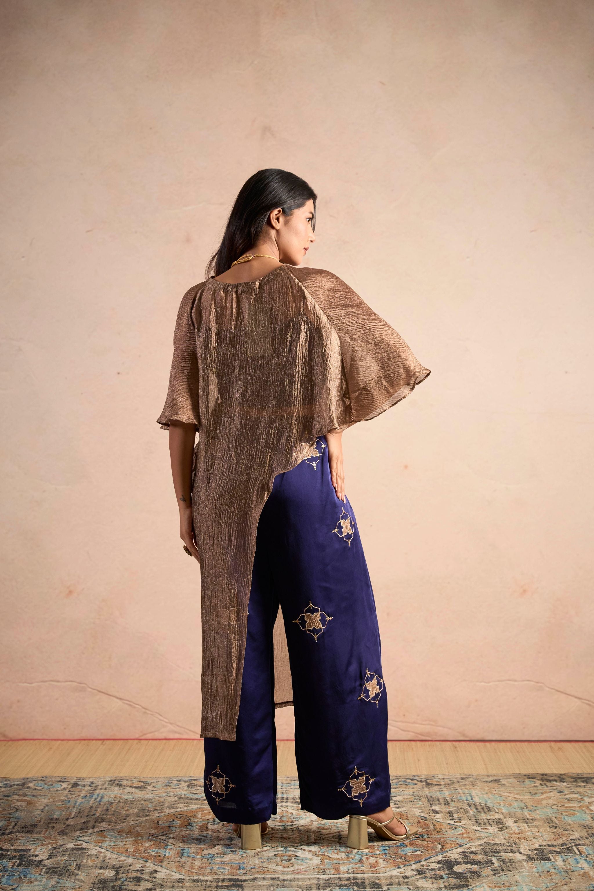 Metallic Top & Embellished Navy Pants