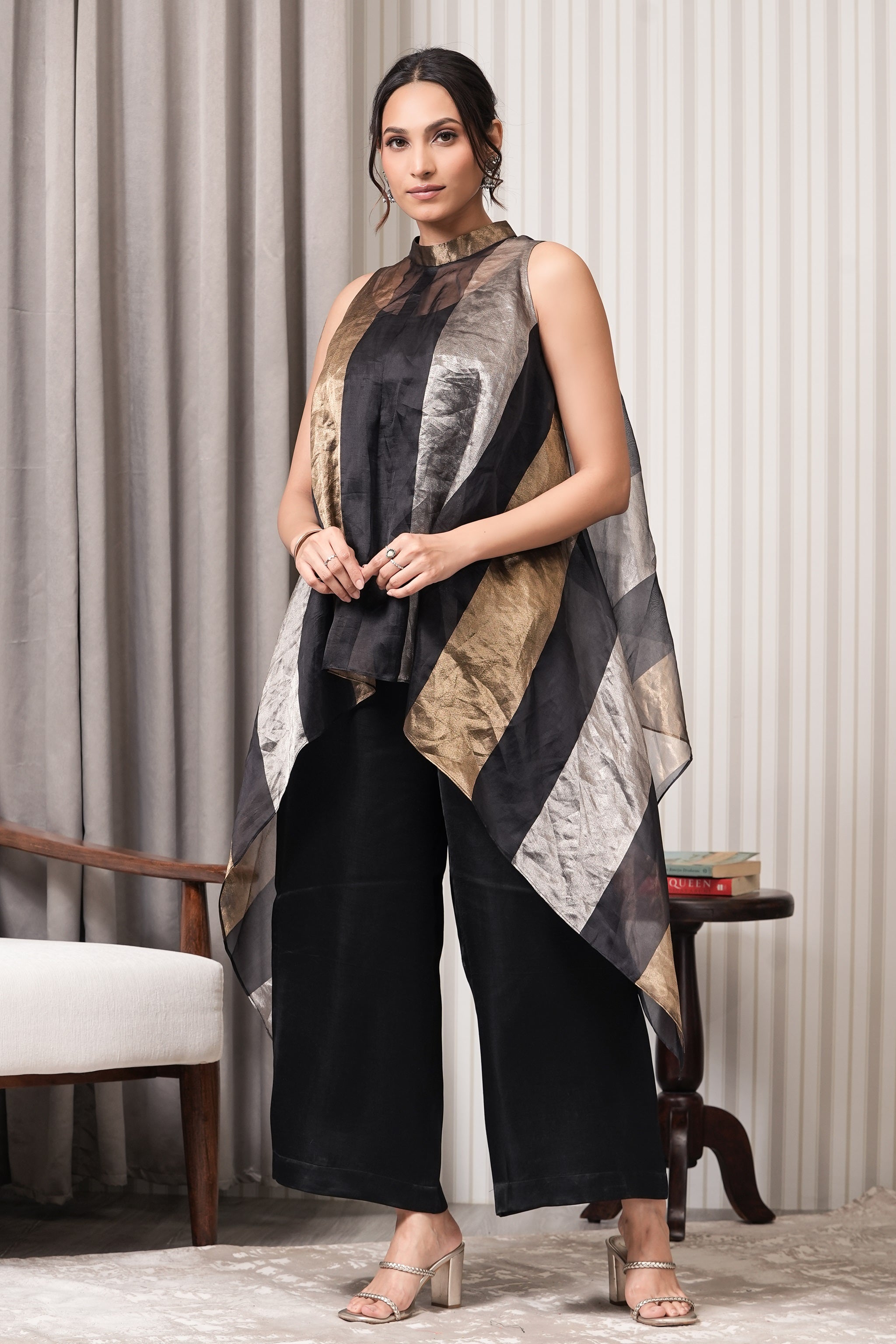 Pure Silk Tissue Kurta Set - Black Copper