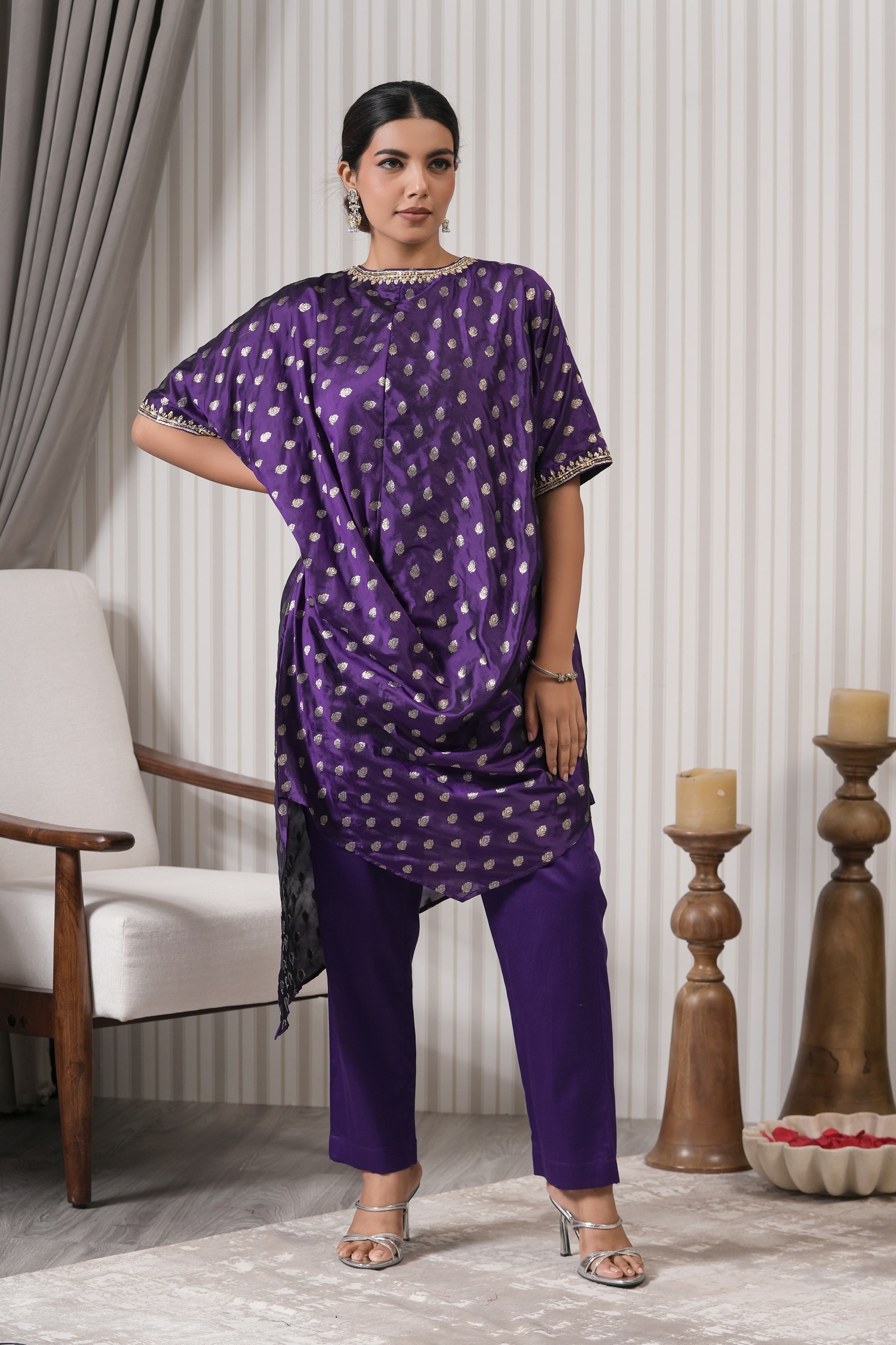 Embroidered Pure Brocade Kurta Set - Purple
