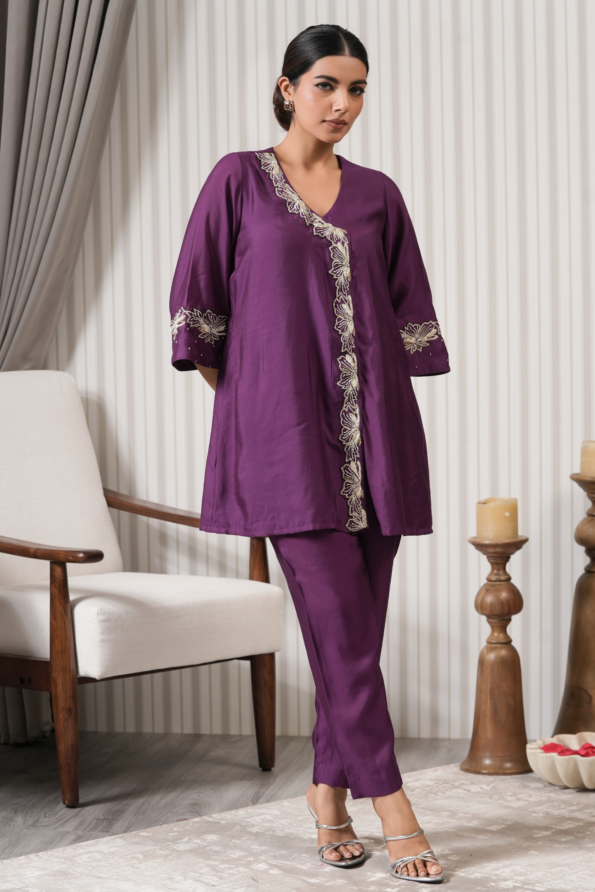 Embroidered Chiniya Silk A-line Kurta Set - Purple