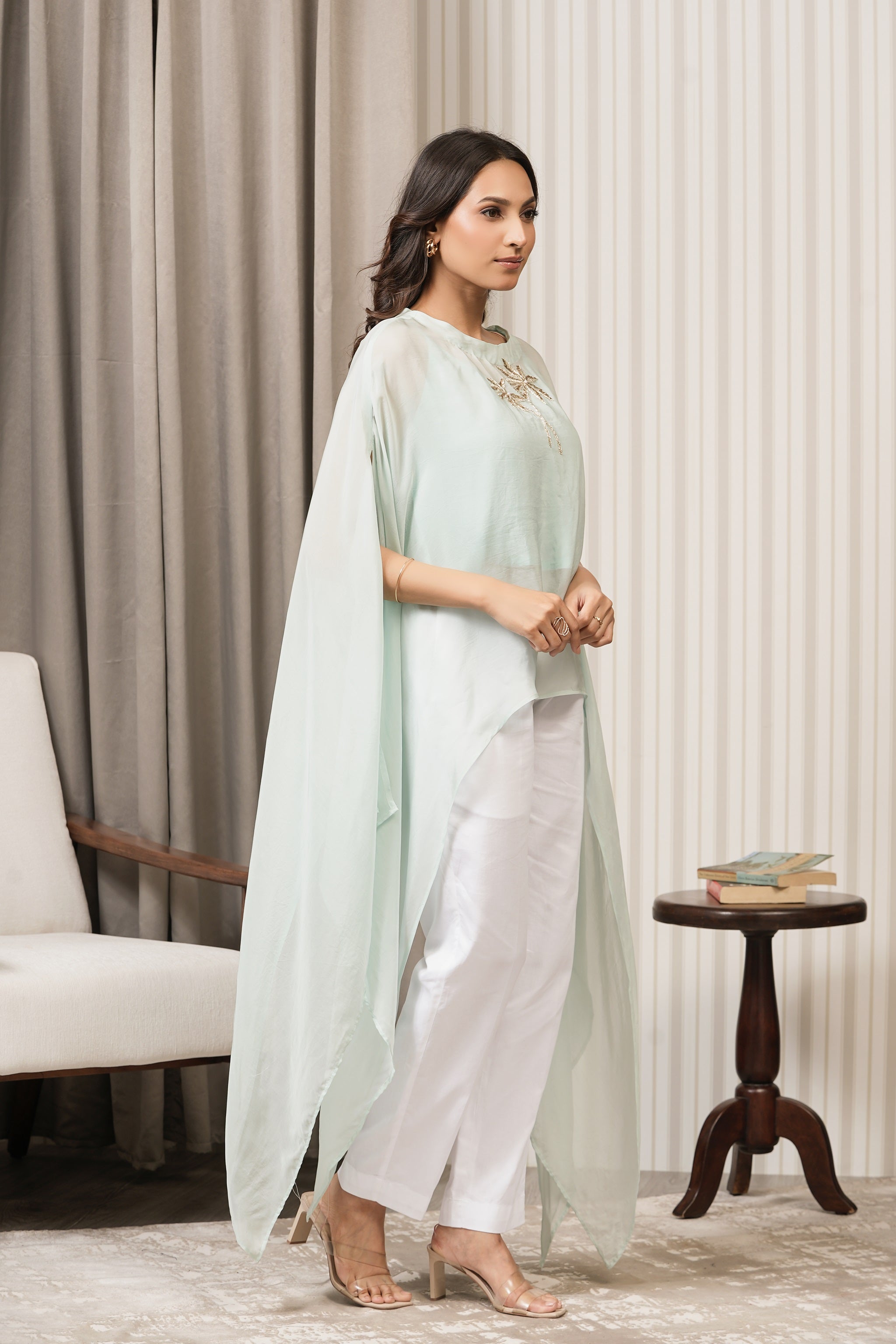 Handcrafted Viscose Organza Cape Kurta - Mint