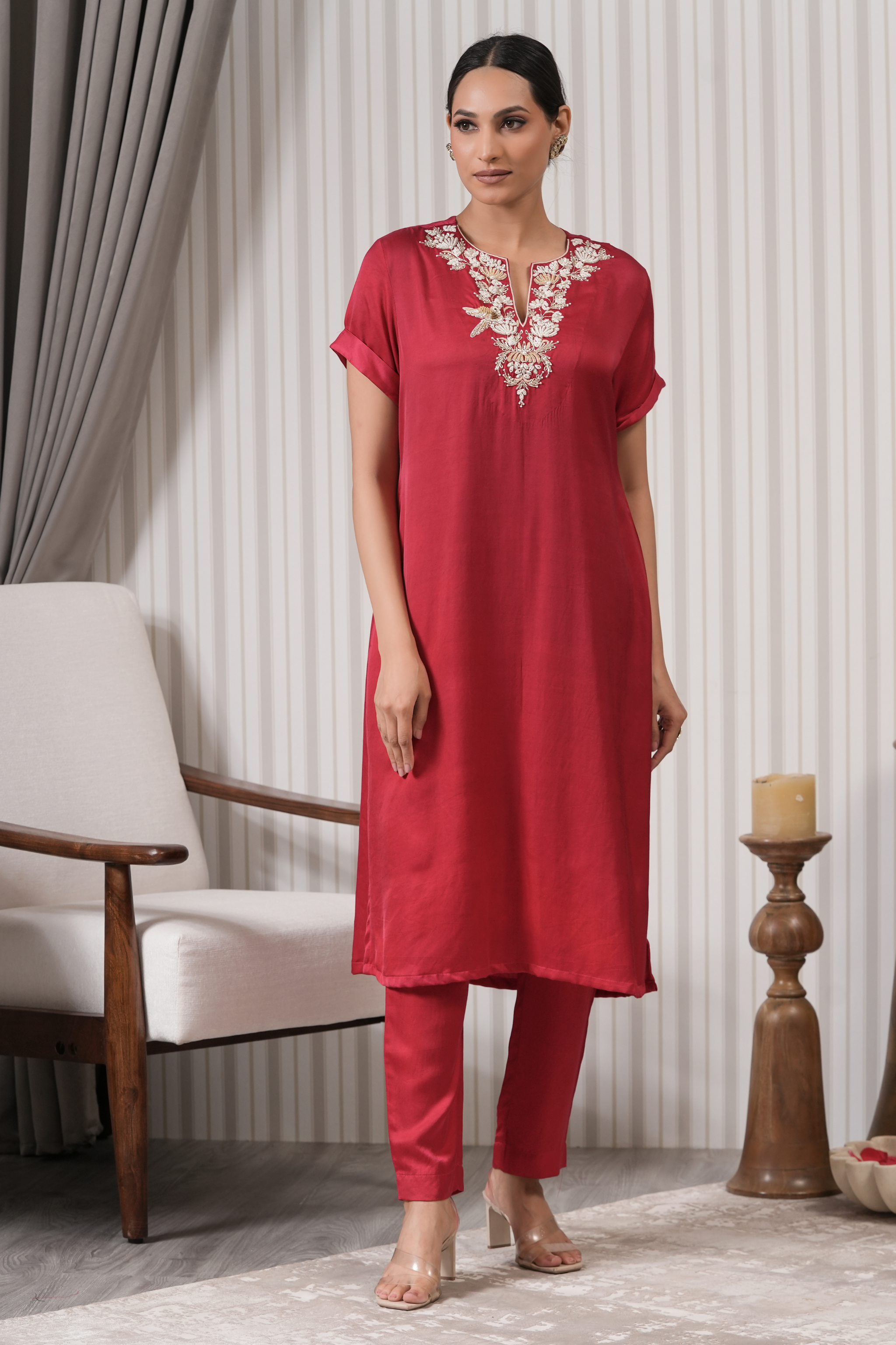 Embroidered Silk Straight Kurta Set - Red Pink