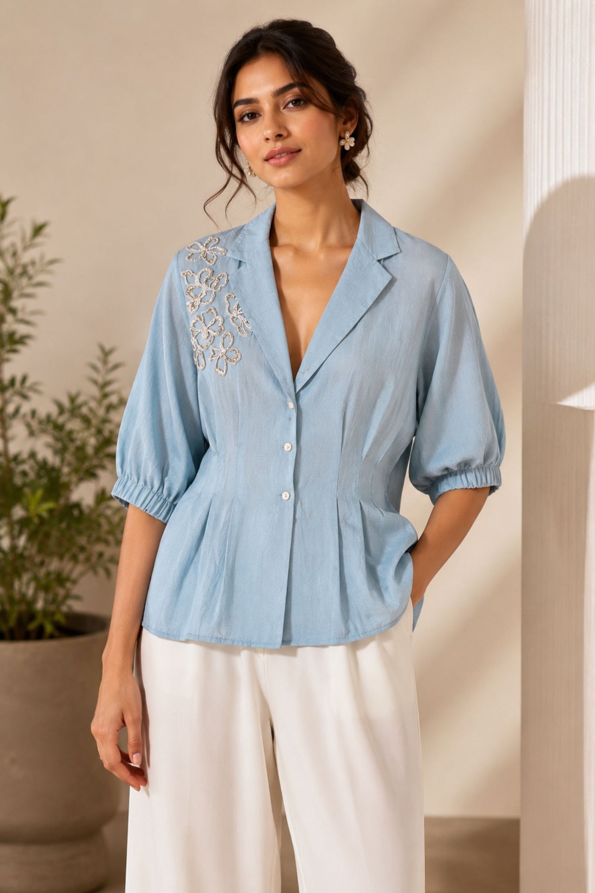 Sky Bloom Embroidered Peplum Shirt