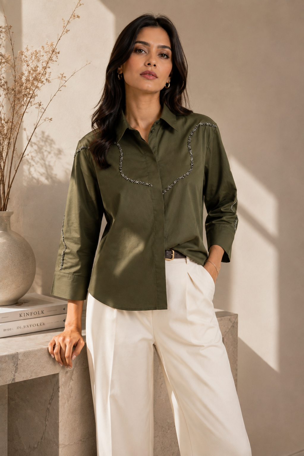 Olive Luxe Studded Detail Shirt
