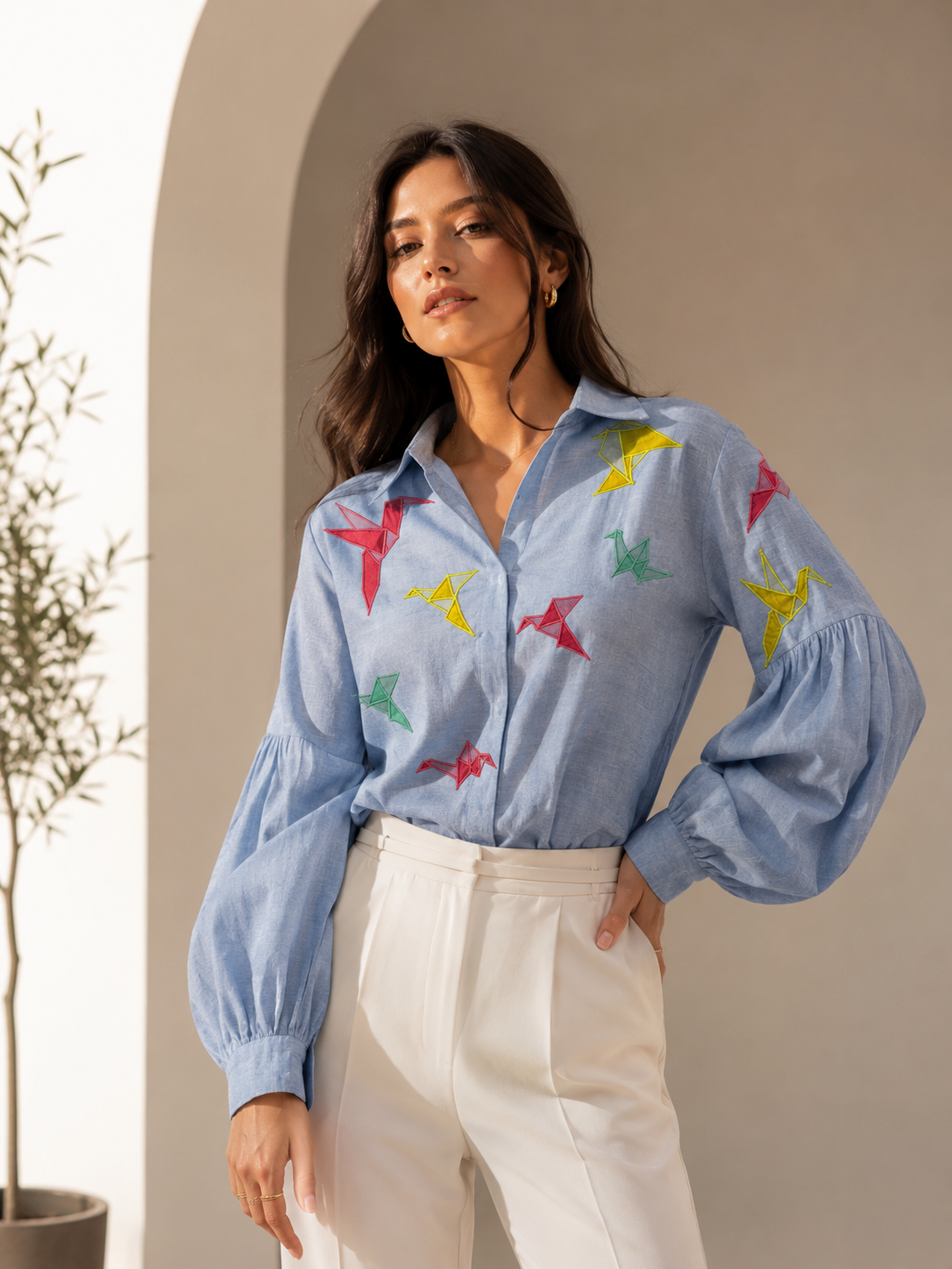 Origami Bloom Balloon-Sleeve Shirt