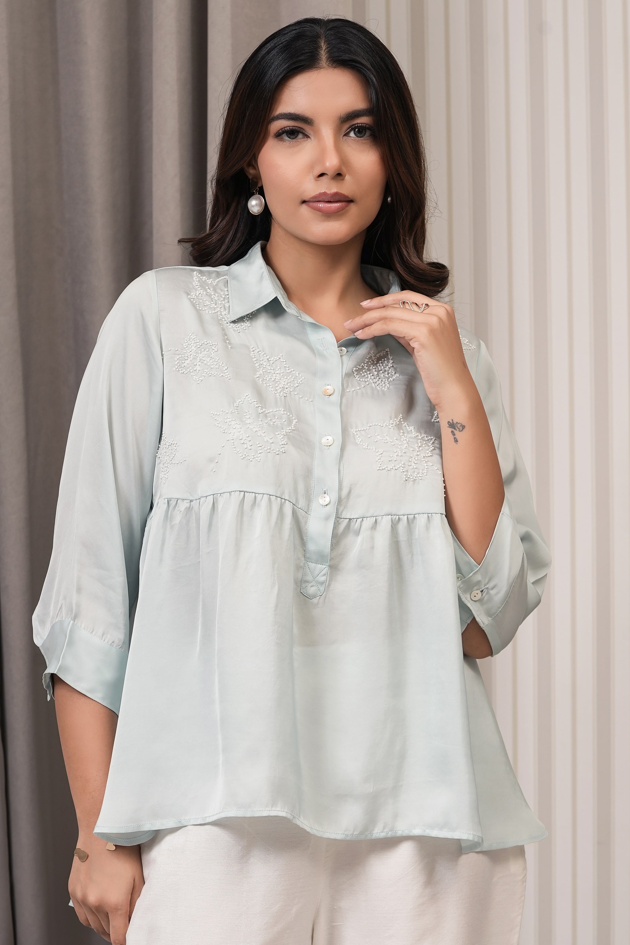 Embroidered Royal Satin Shirt - Mint
