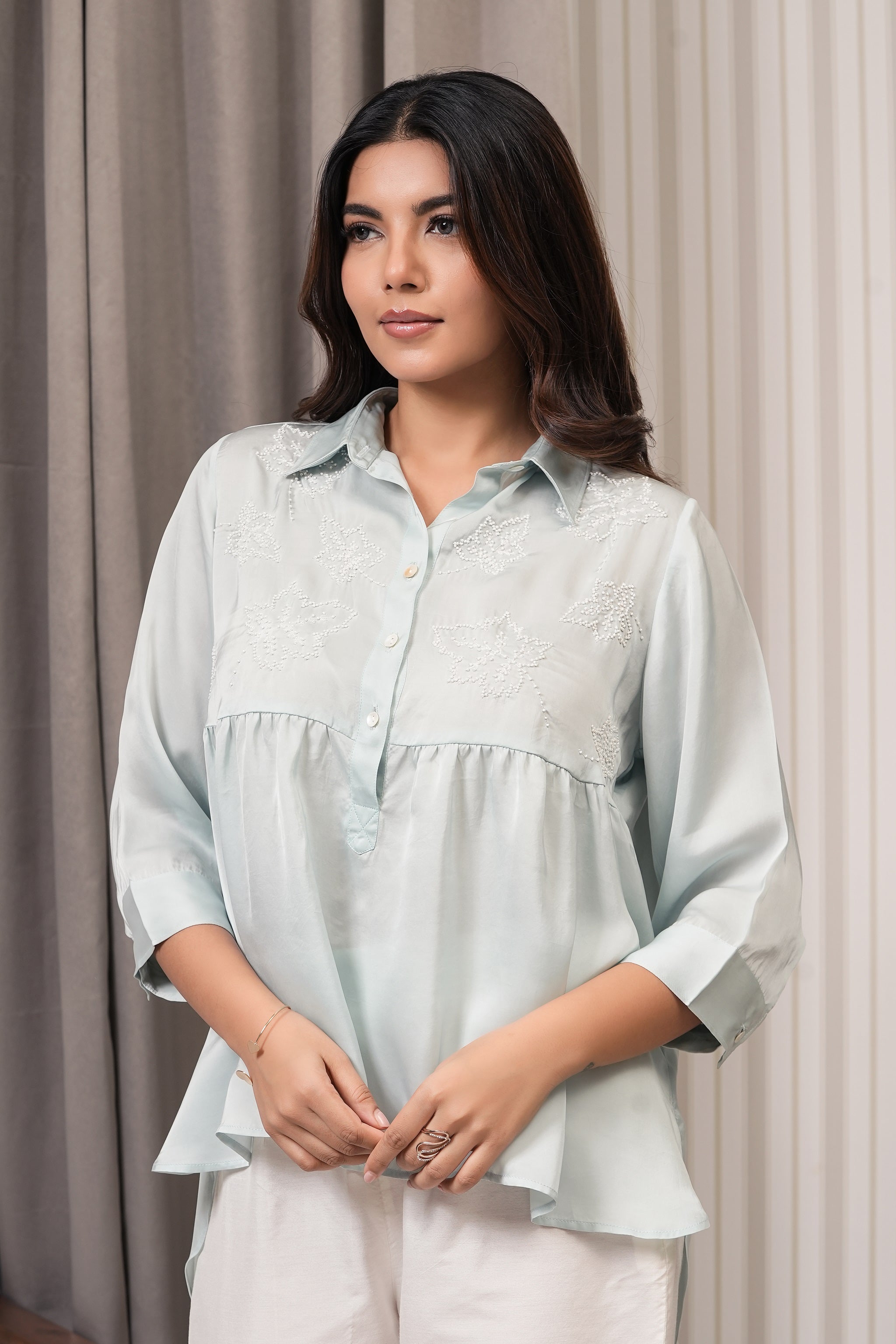 Embroidered Royal Satin Shirt - Mint