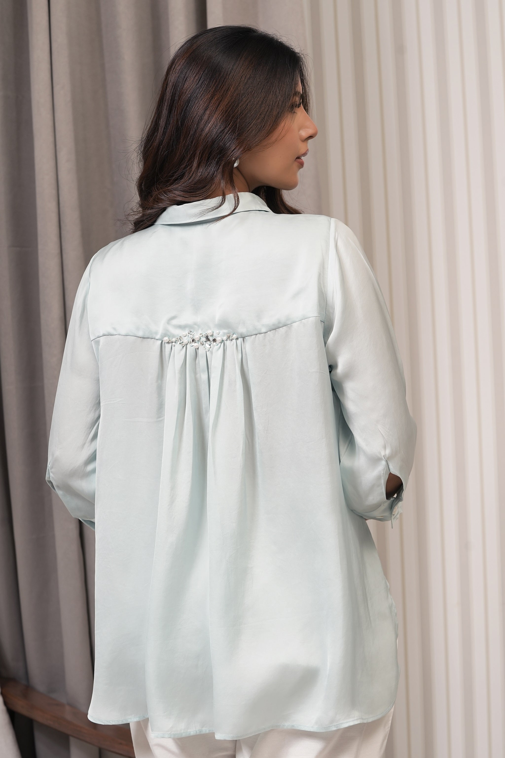 Embroidered Royal Satin Shirt - Mint