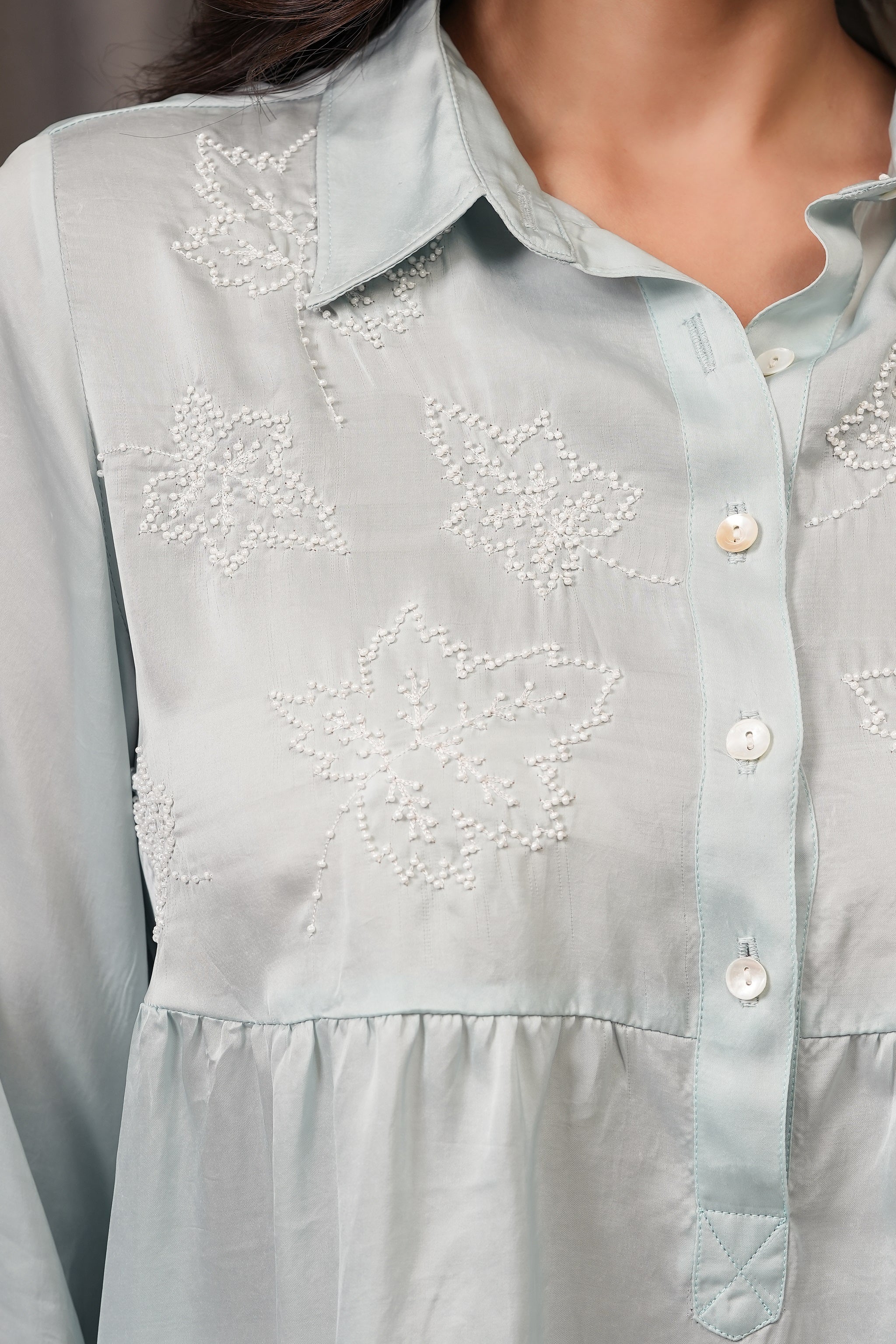 Embroidered Royal Satin Shirt - Mint