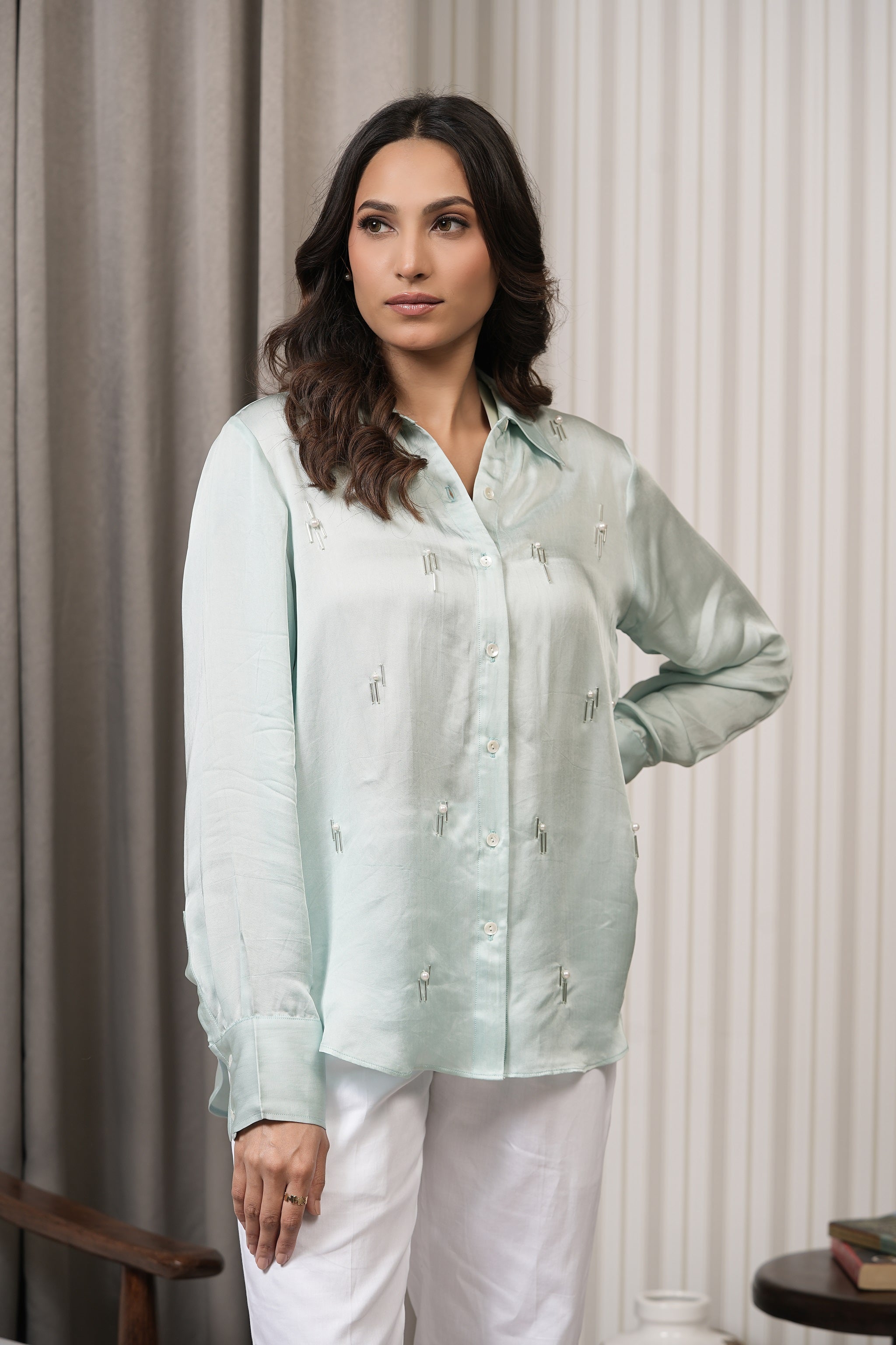 Embroidered Royal Satin Shirt - Mint