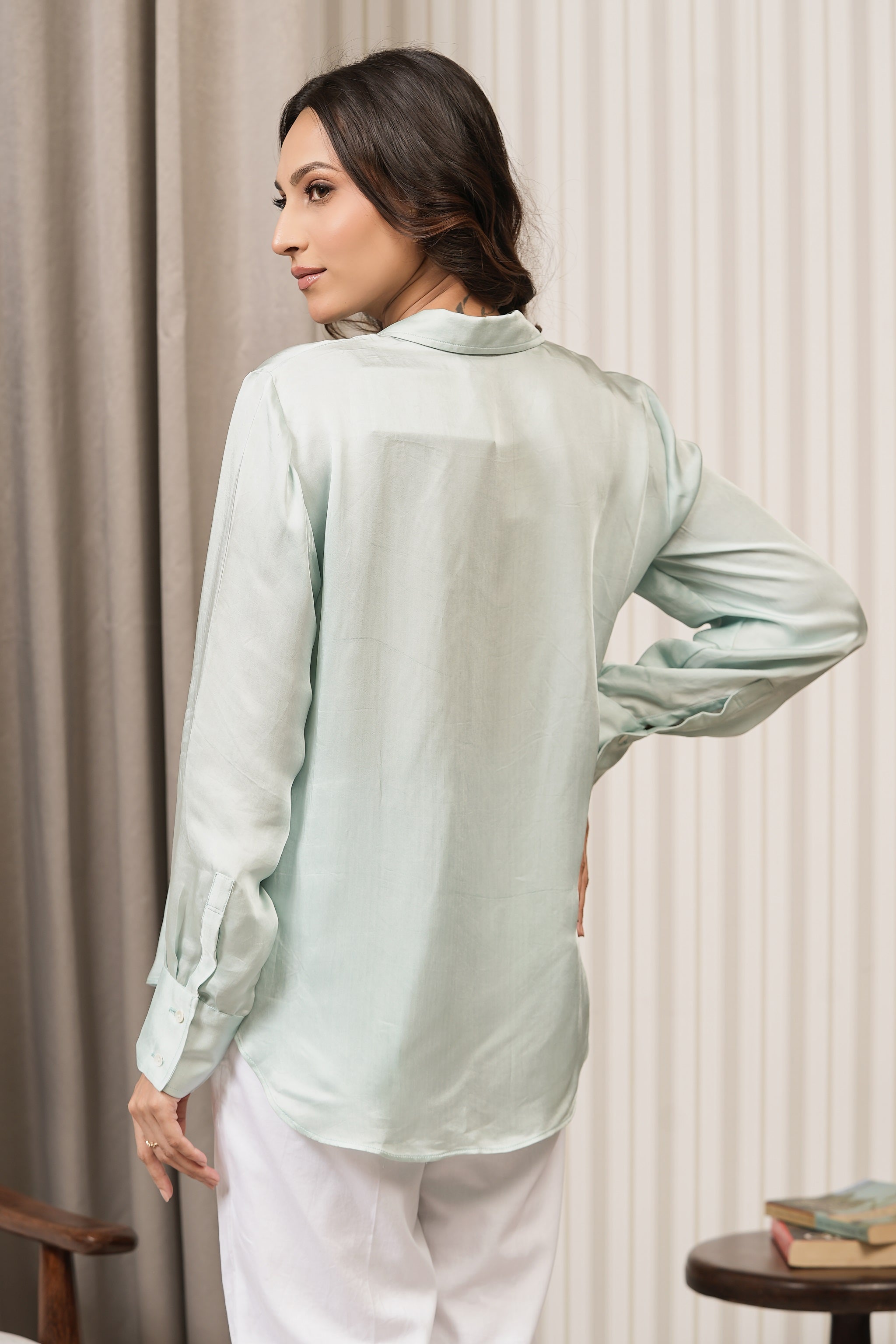 Embroidered Royal Satin Shirt - Mint