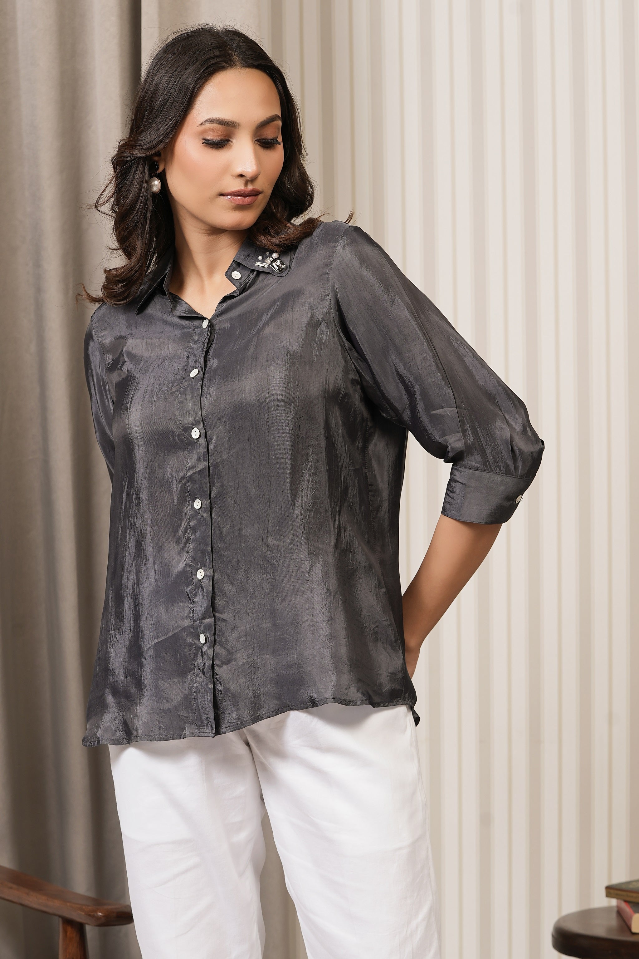 Embroidered Pure Habutai Silk Shirt - Grey