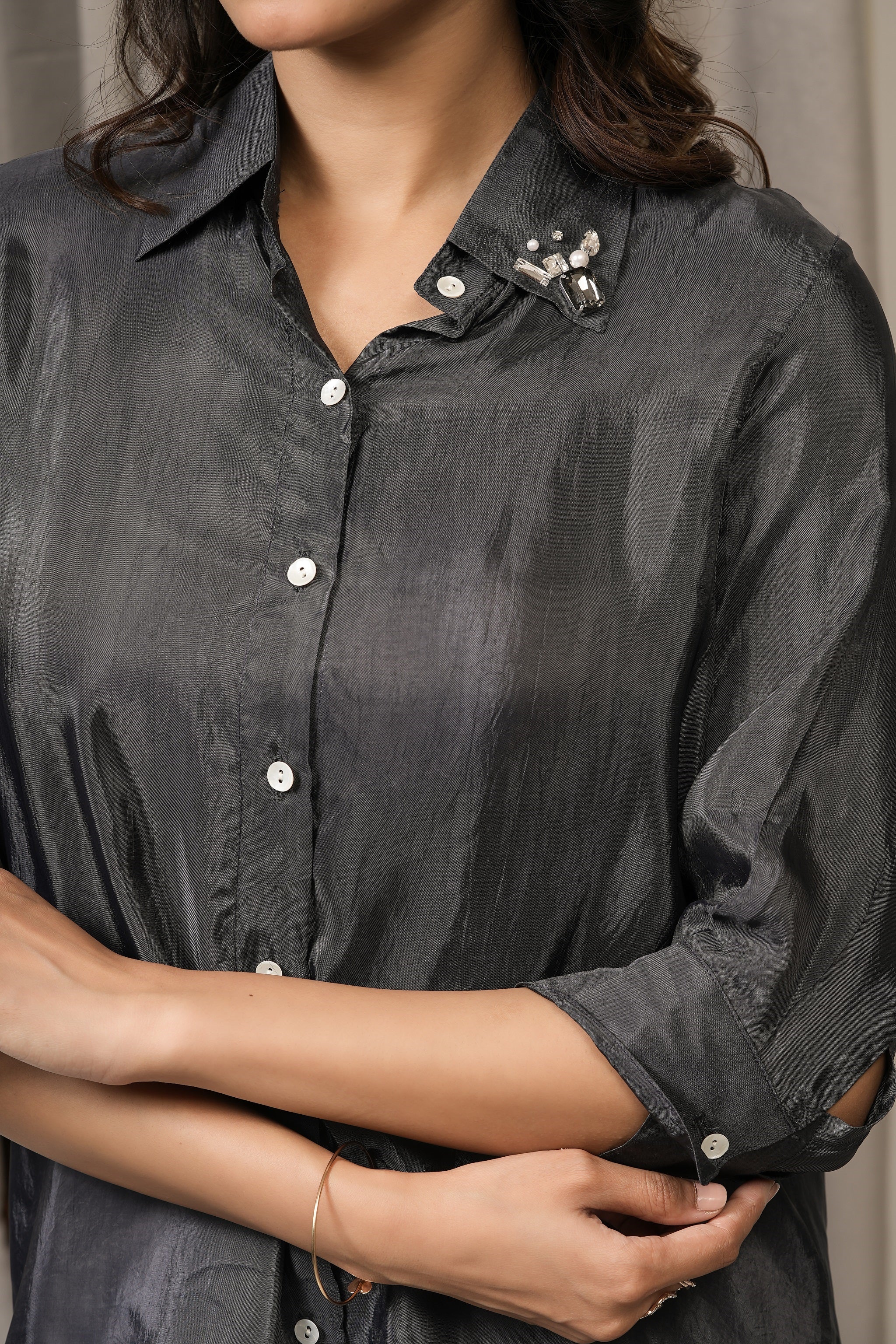 Embroidered Pure Habutai Silk Shirt - Grey