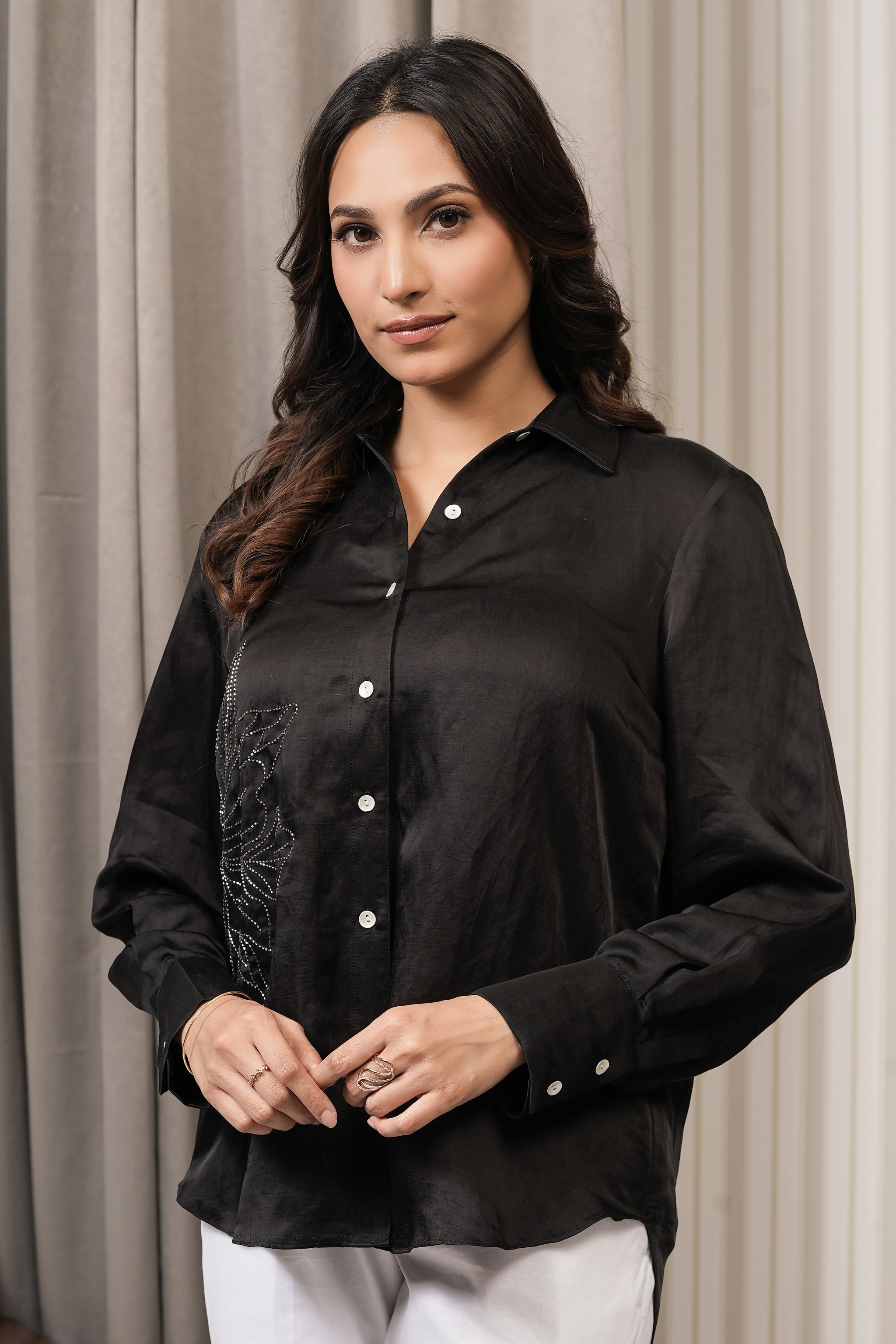 Embroidered Linen Satin Shirt - Black