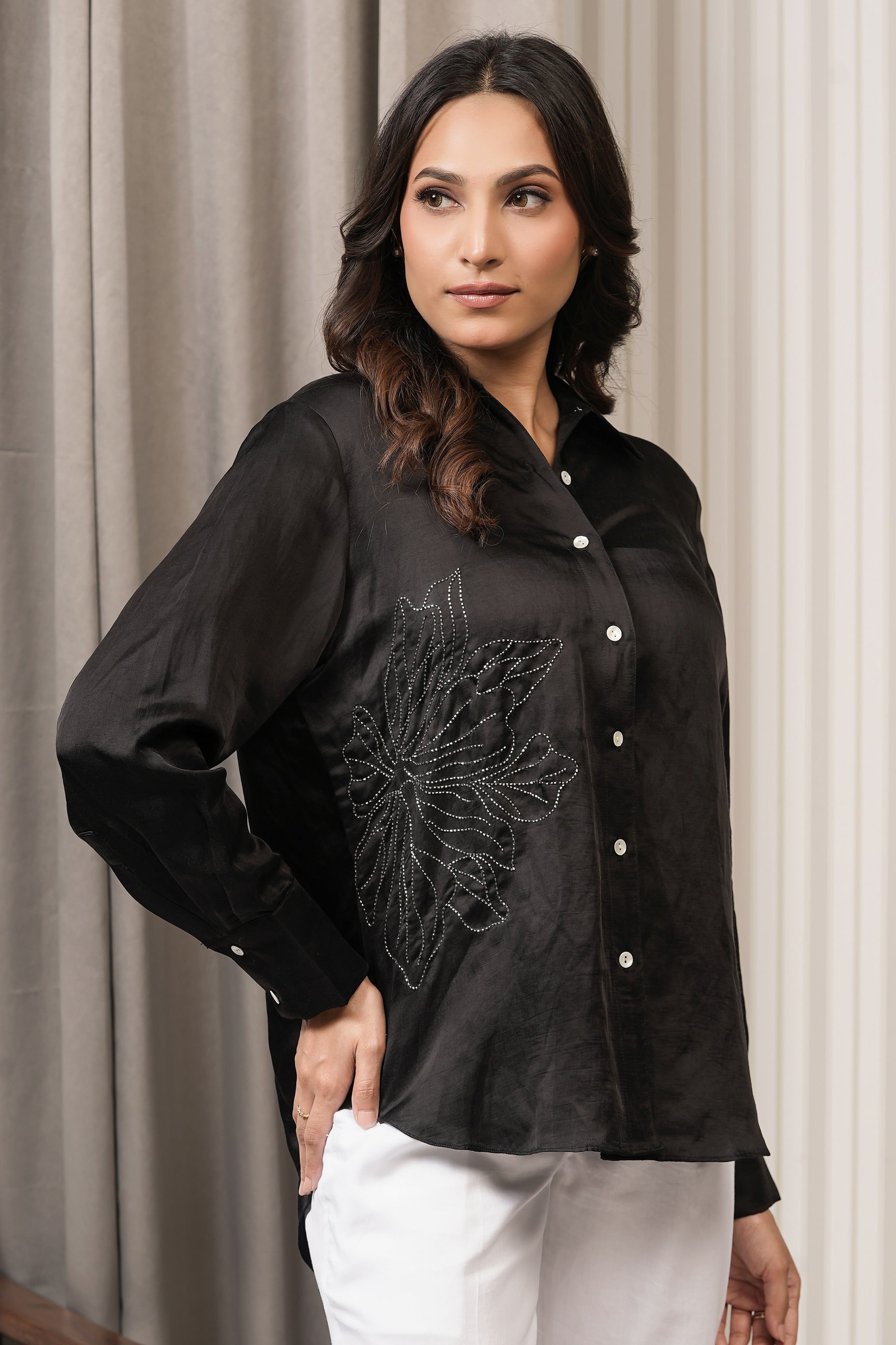 Embroidered Linen Satin Shirt - Black