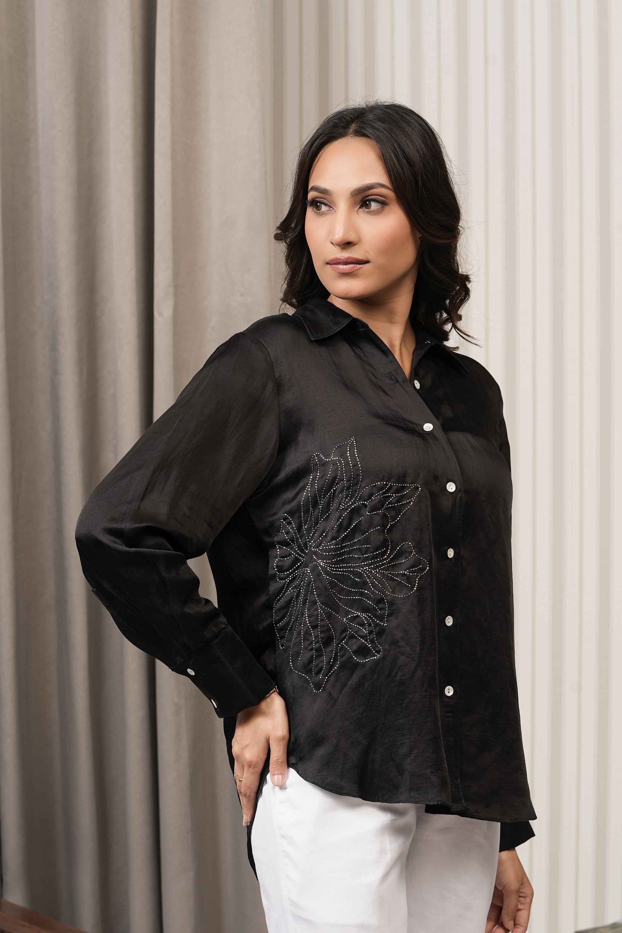 Embroidered Linen Satin Shirt - Black