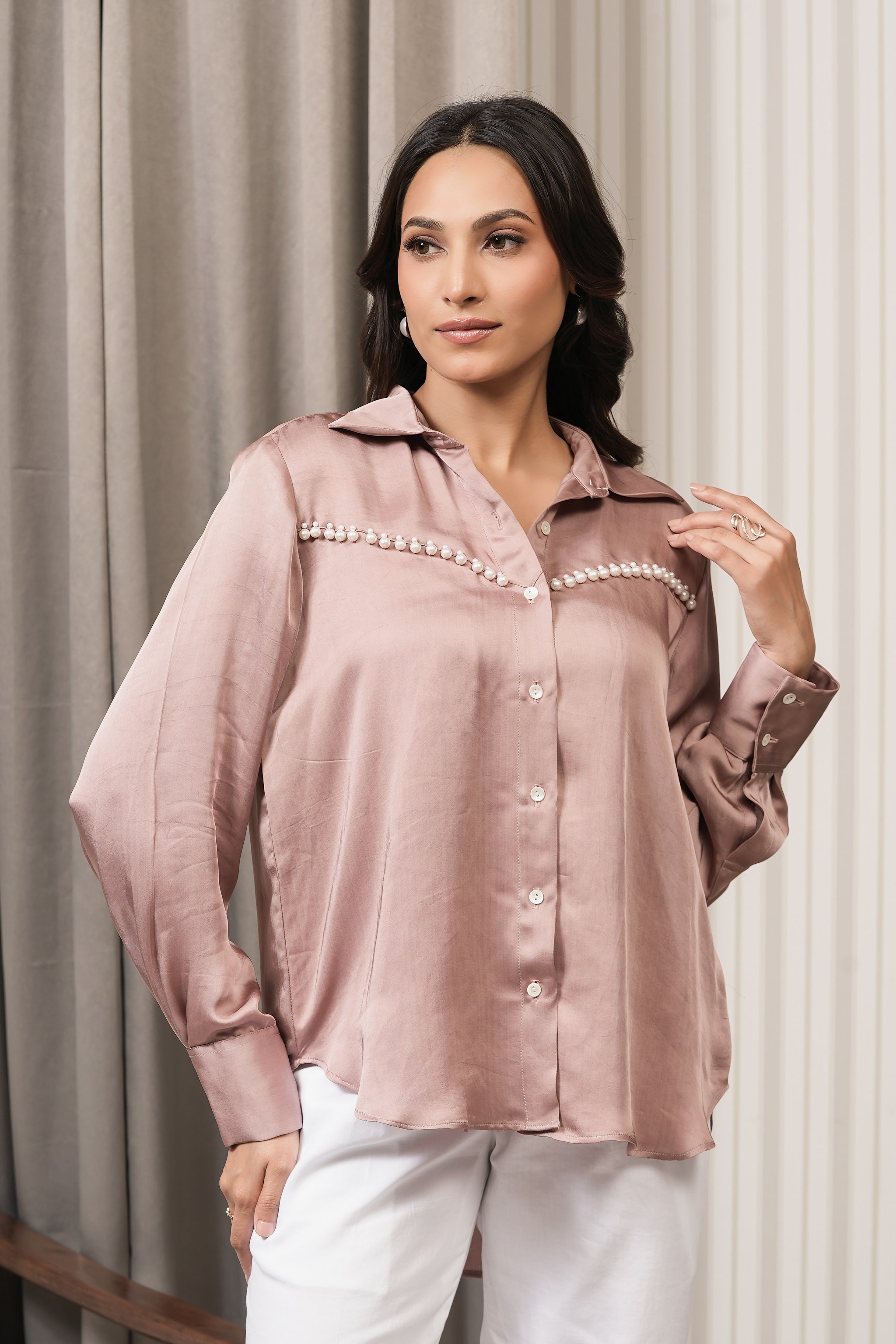 Embroidered Royal Satin Shirt - Onion Pink