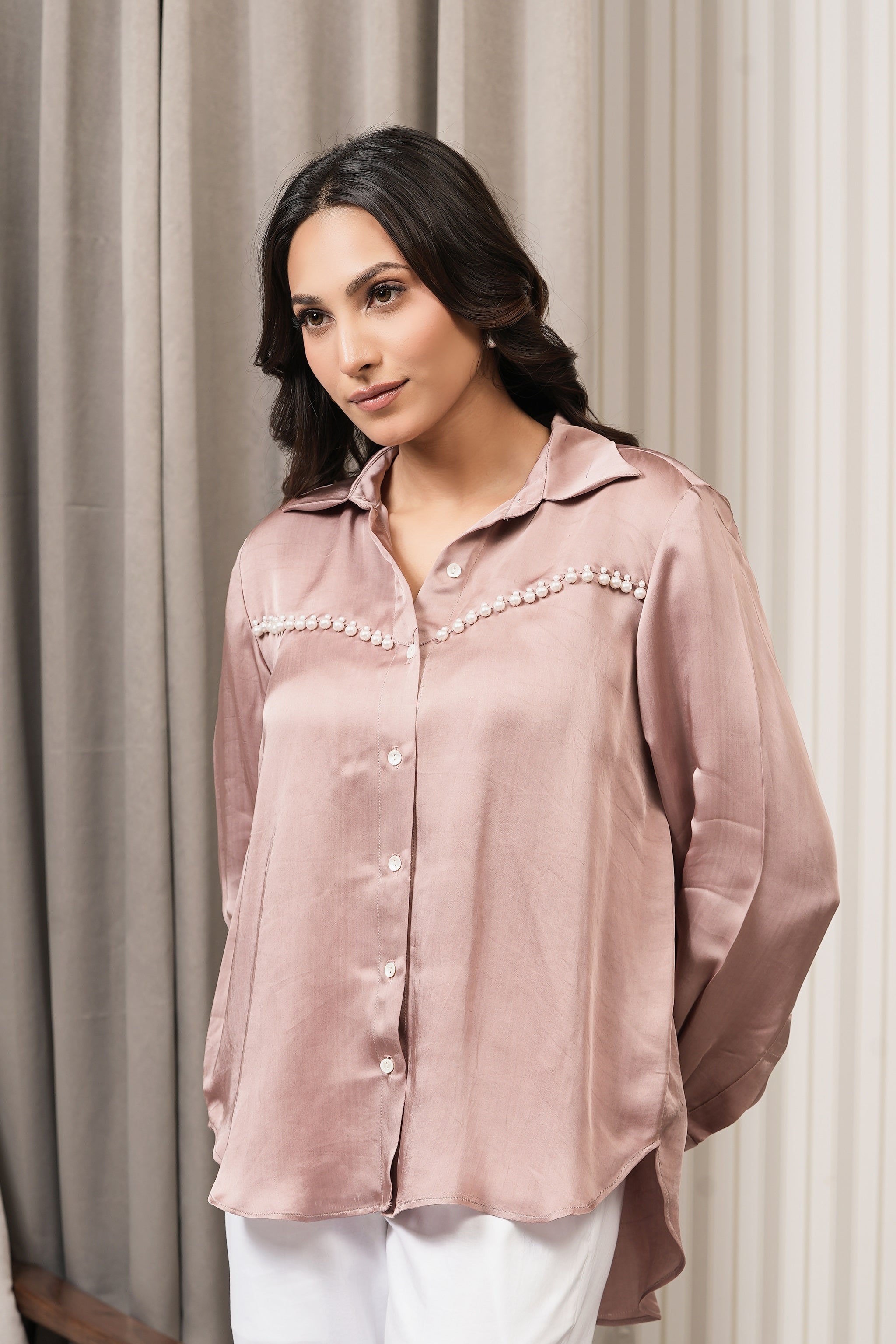 Embroidered Royal Satin Shirt - Onion Pink