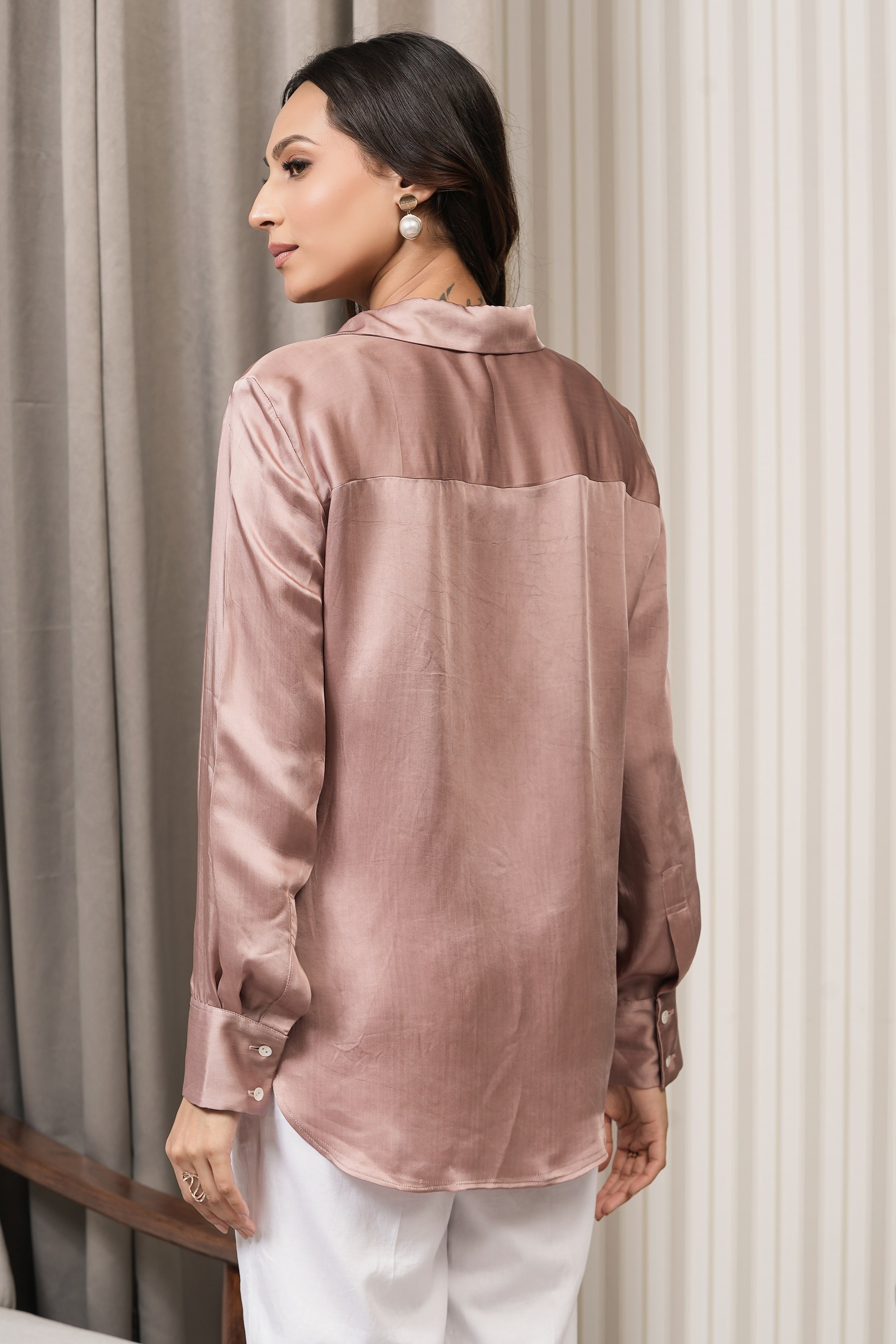 Embroidered Royal Satin Shirt - Onion Pink