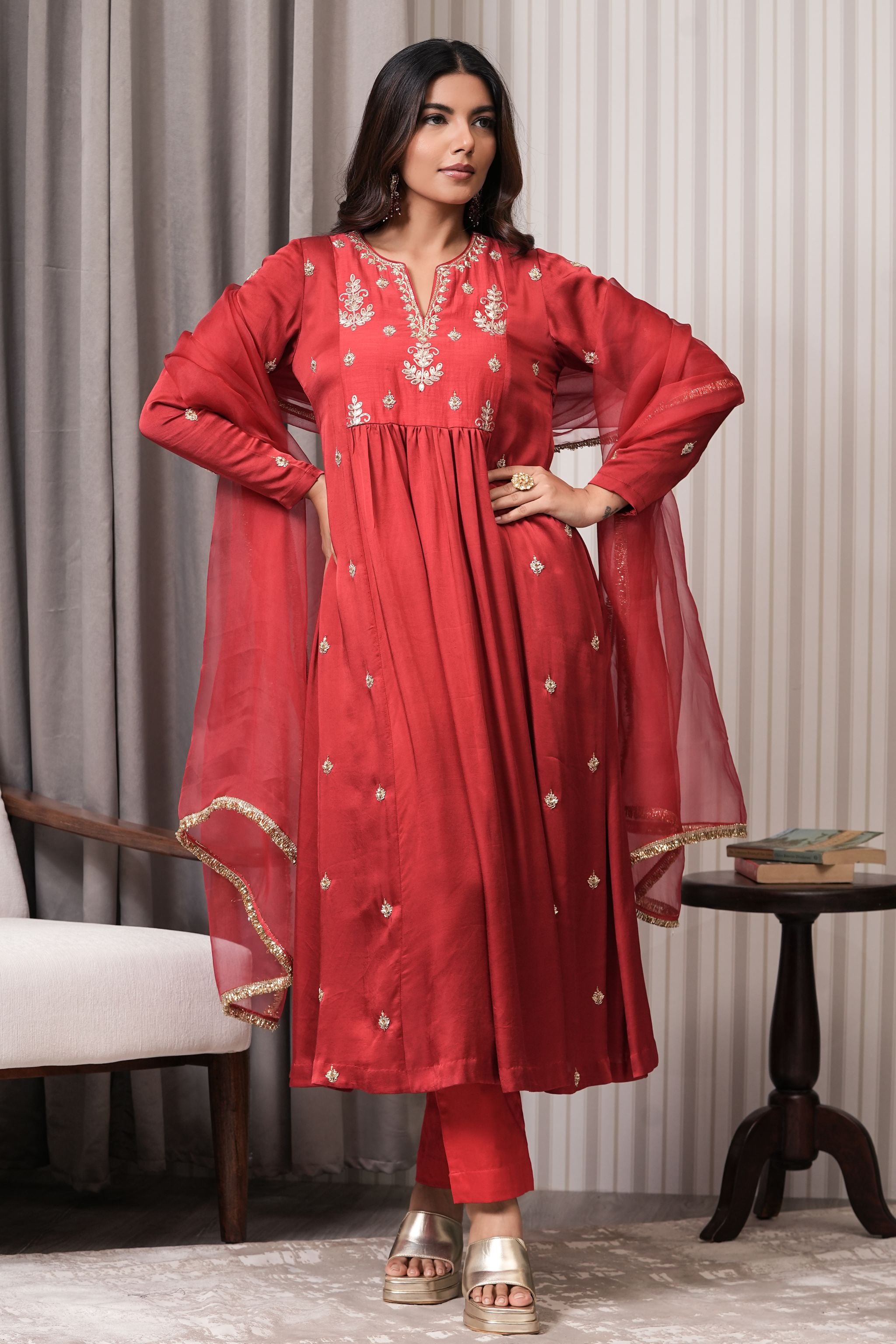 Embroidered Chanderi Anarkali Suit Set - Red