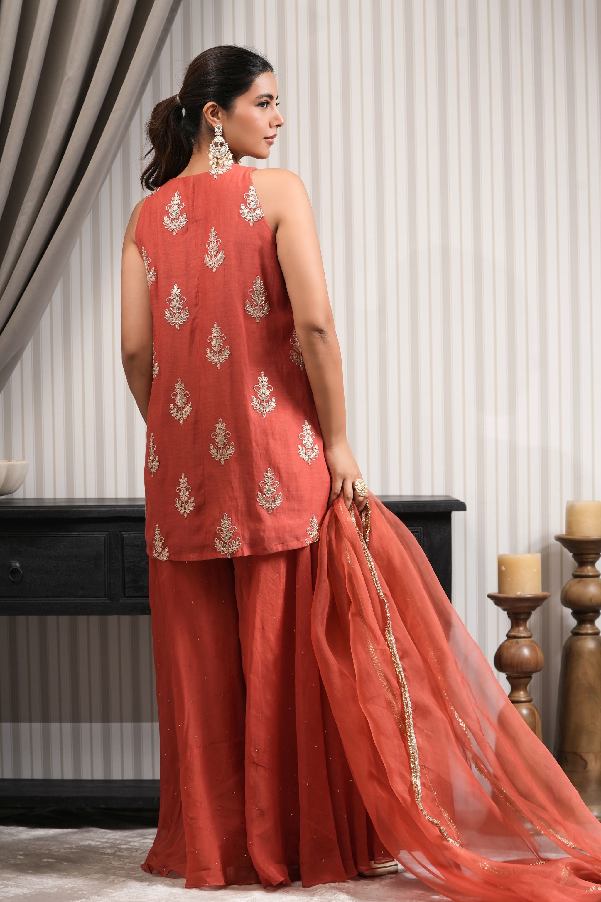 Embroidered Chandri Short Kurti Sharara Set - Rust