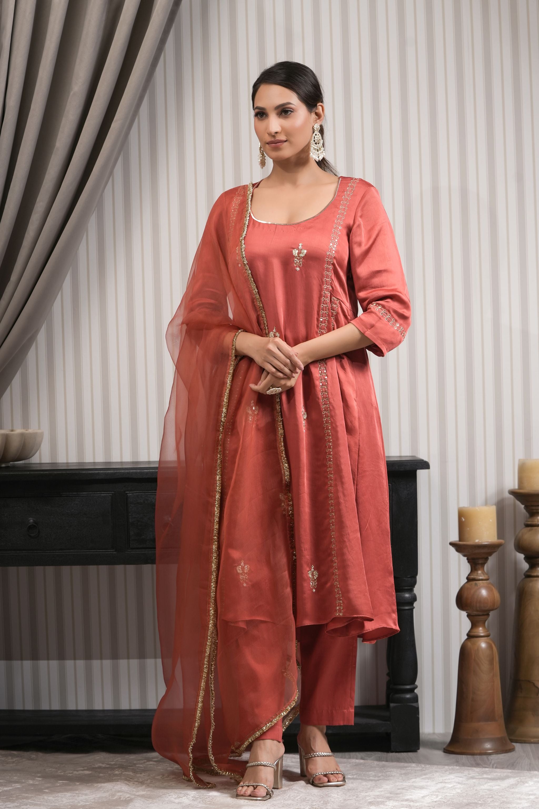 Embroidered Modal Silk A-line Suit Set - Rust