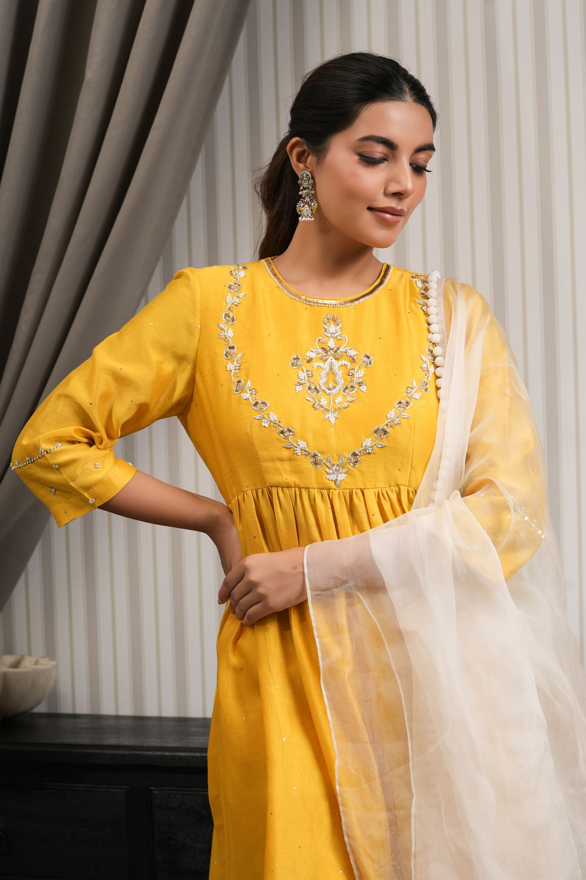 Embroidered Pure Chanderi High Slit Suit Set - Yellow