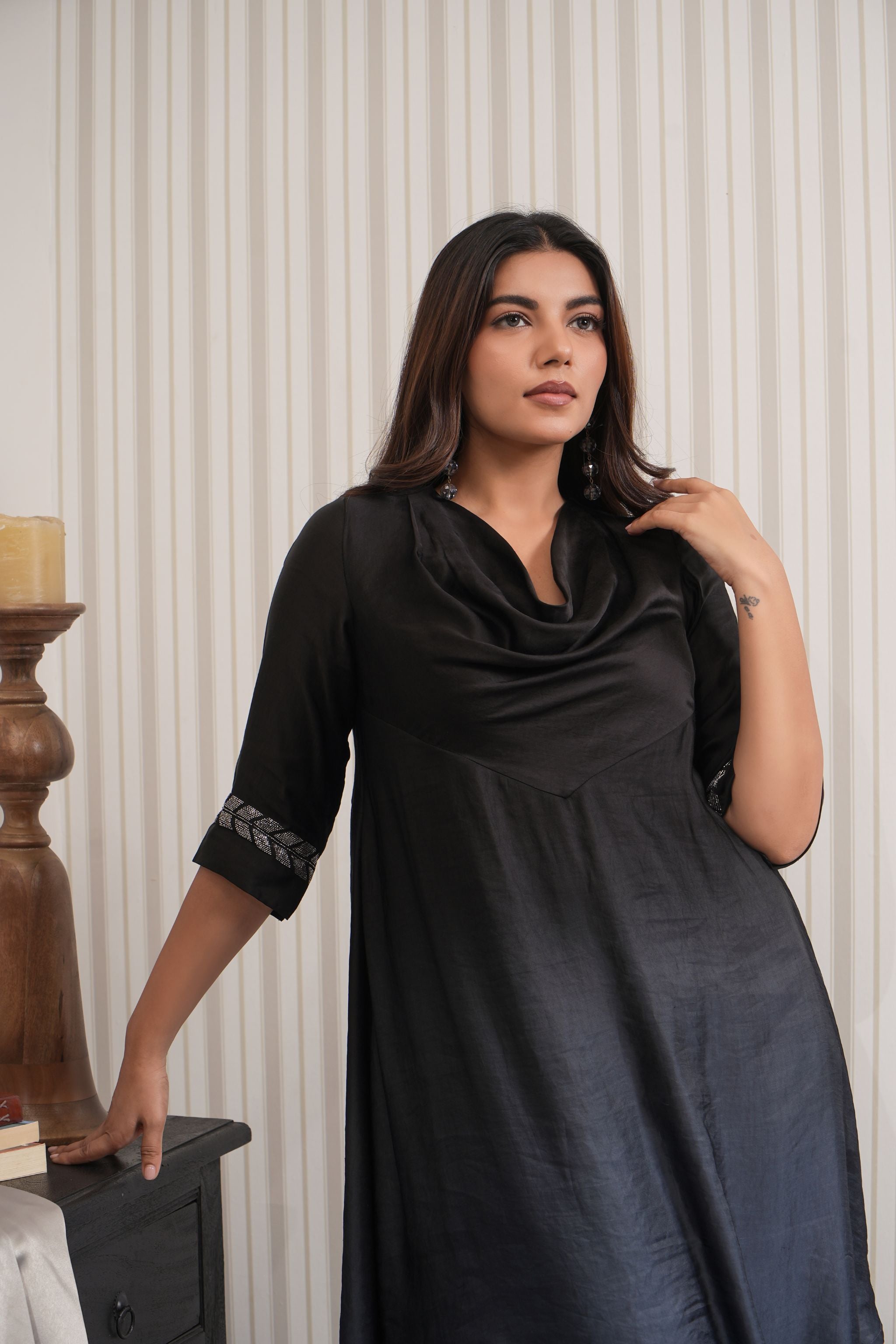 Cowl Neck A-line Kurta Set - Black