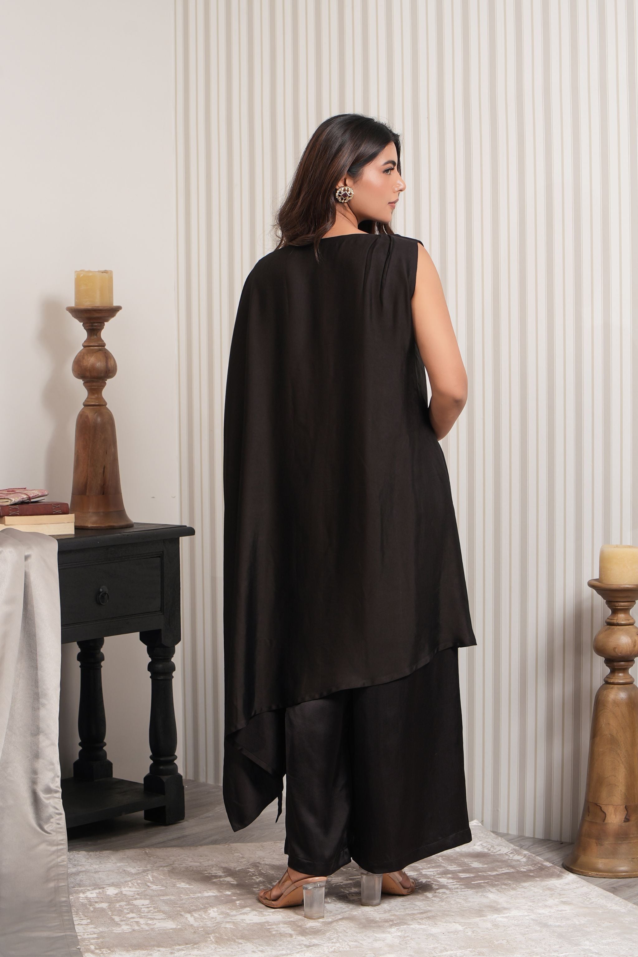 One Shoulder Slit Cut Kurta Set - Black