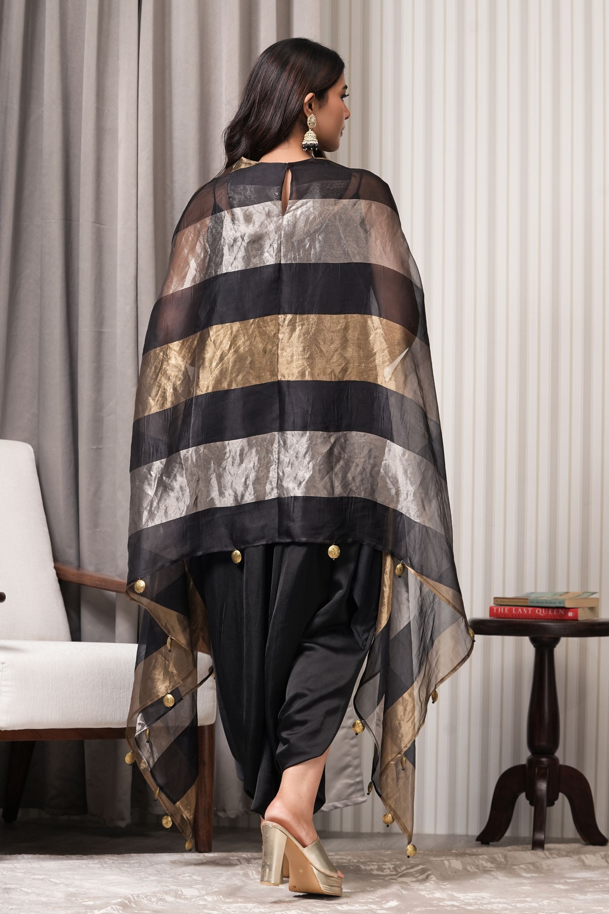 Pure Silk Tissue Kurta Set with Golden Tassels- Black Copper