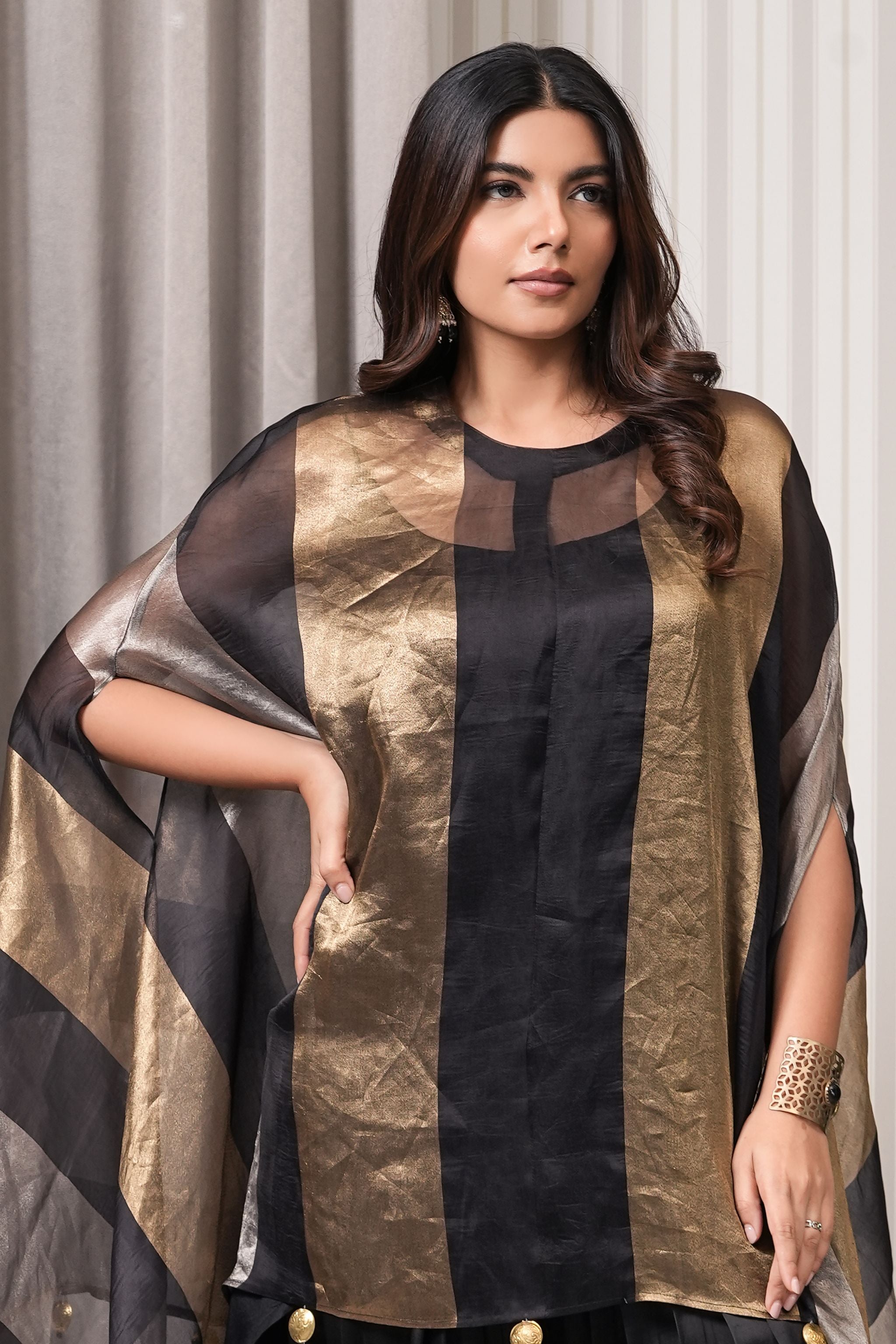 Pure Silk Tissue Kurta Set with Golden Tassels- Black Copper