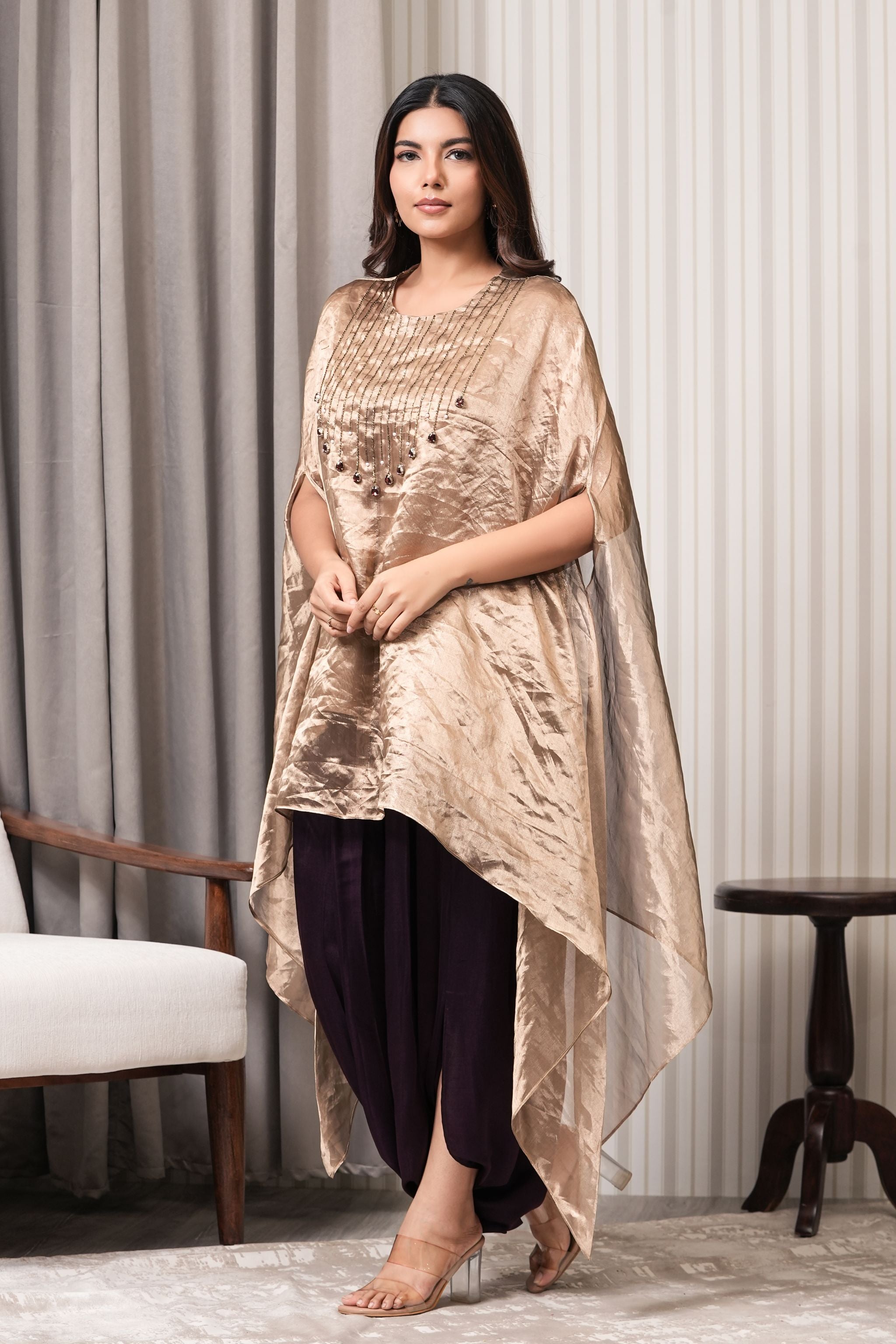 Stone Embroidered Pure Silk Tissue Asymmetric Kurta Set - Copper