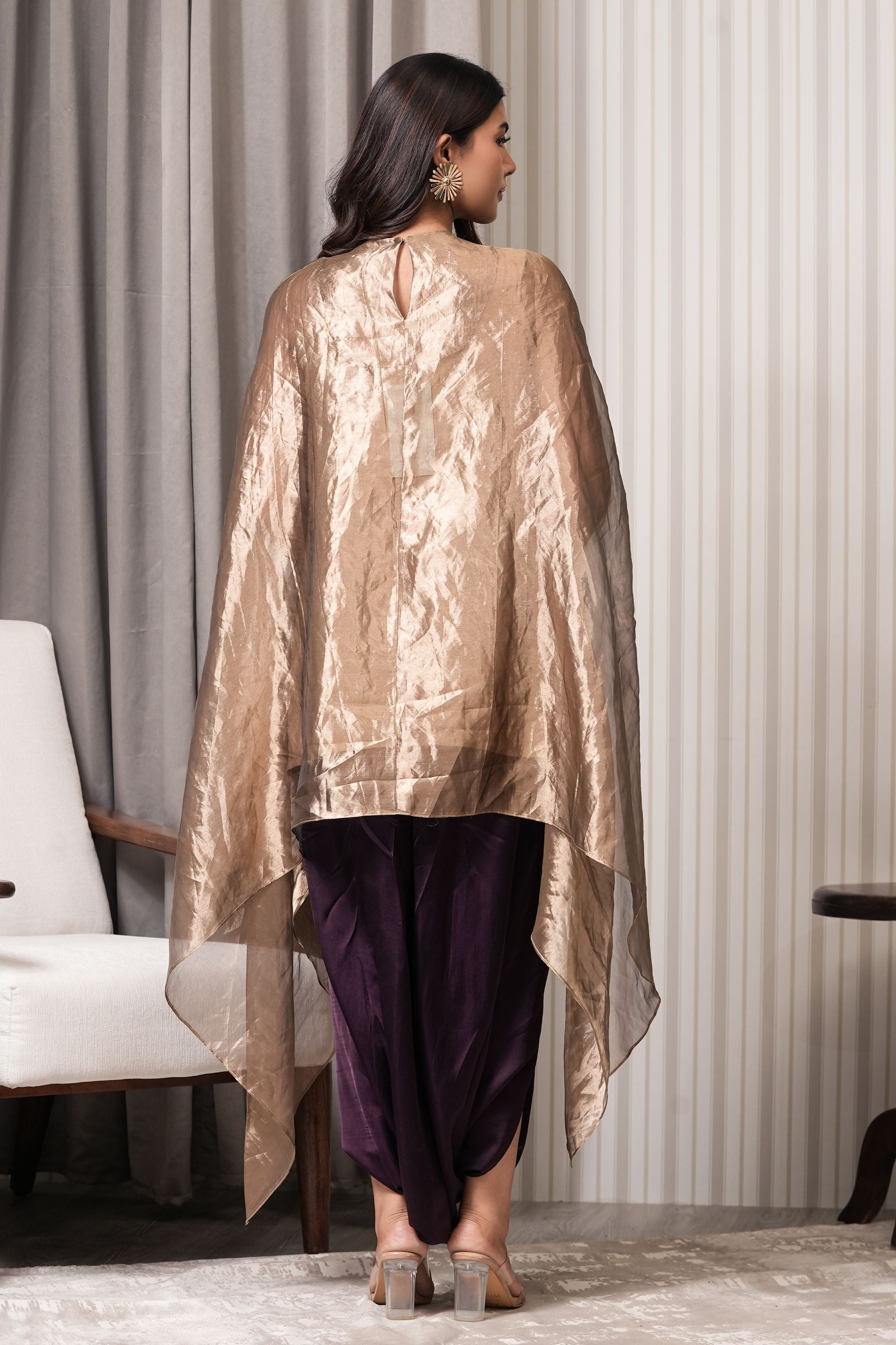 Stone Embroidered Pure Silk Tissue Asymmetric Kurta Set - Copper