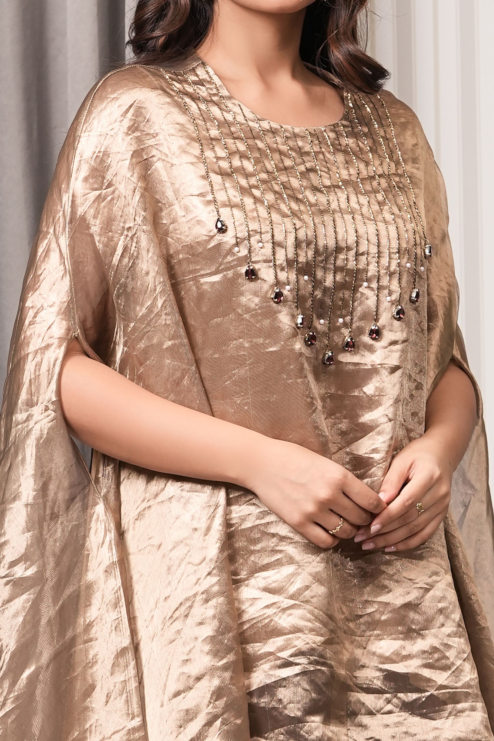Stone Embroidered Pure Silk Tissue Asymmetric Kurta Set - Copper