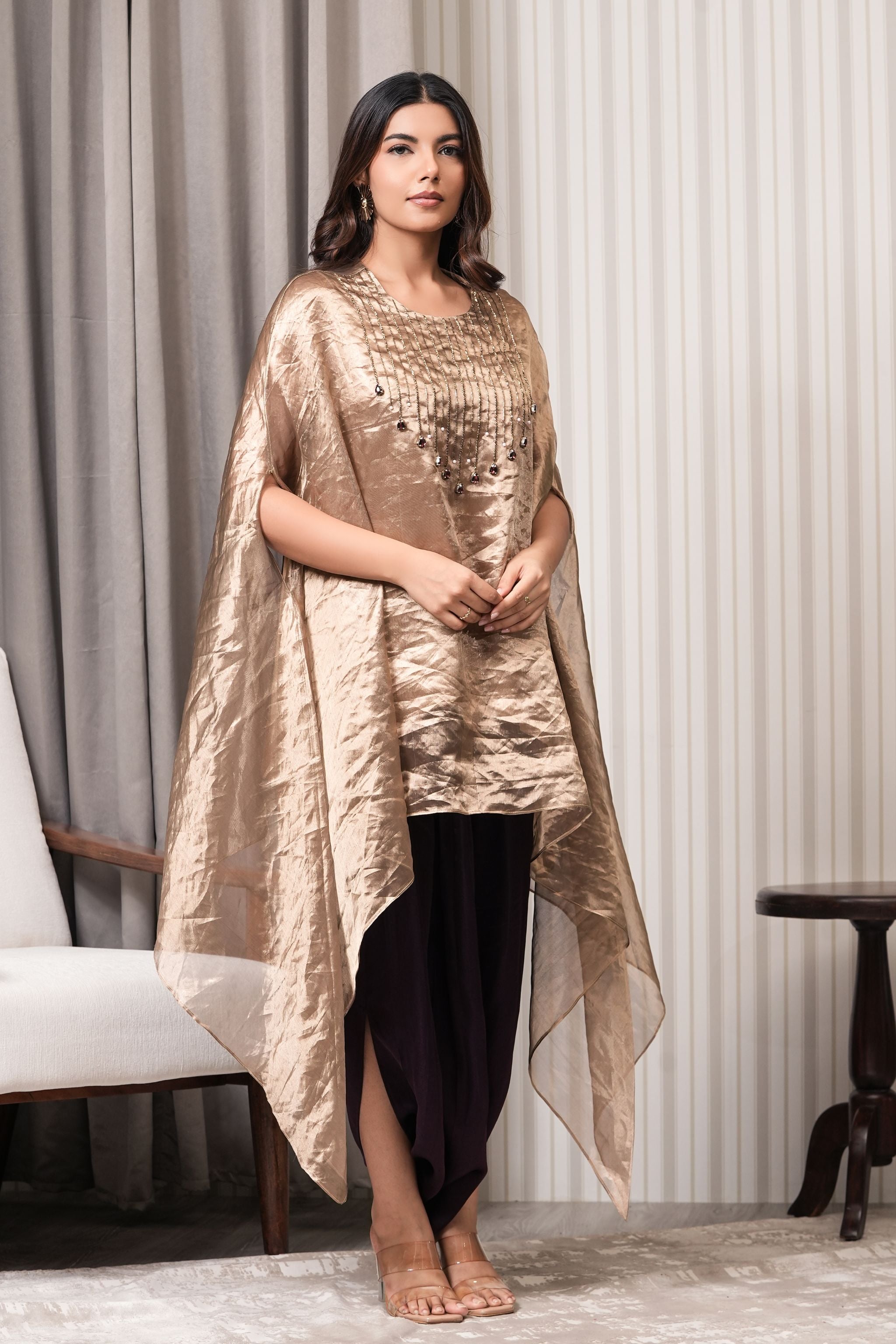 Stone Embroidered Pure Silk Tissue Asymmetric Kurta Set - Copper