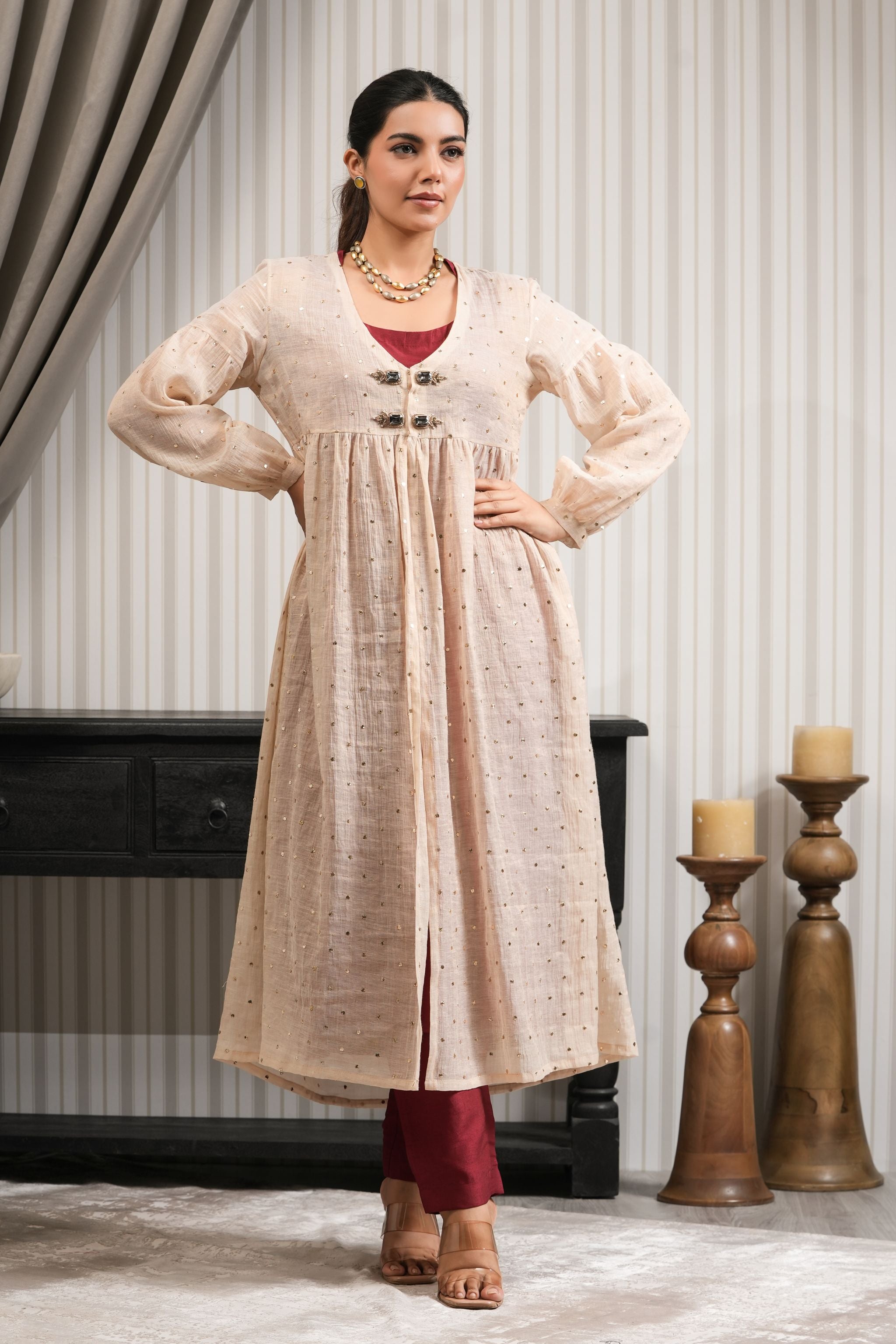 Banglori Silk Kurta with Pure Mukaish Chanderi Jacket Kurta Set - Maroon