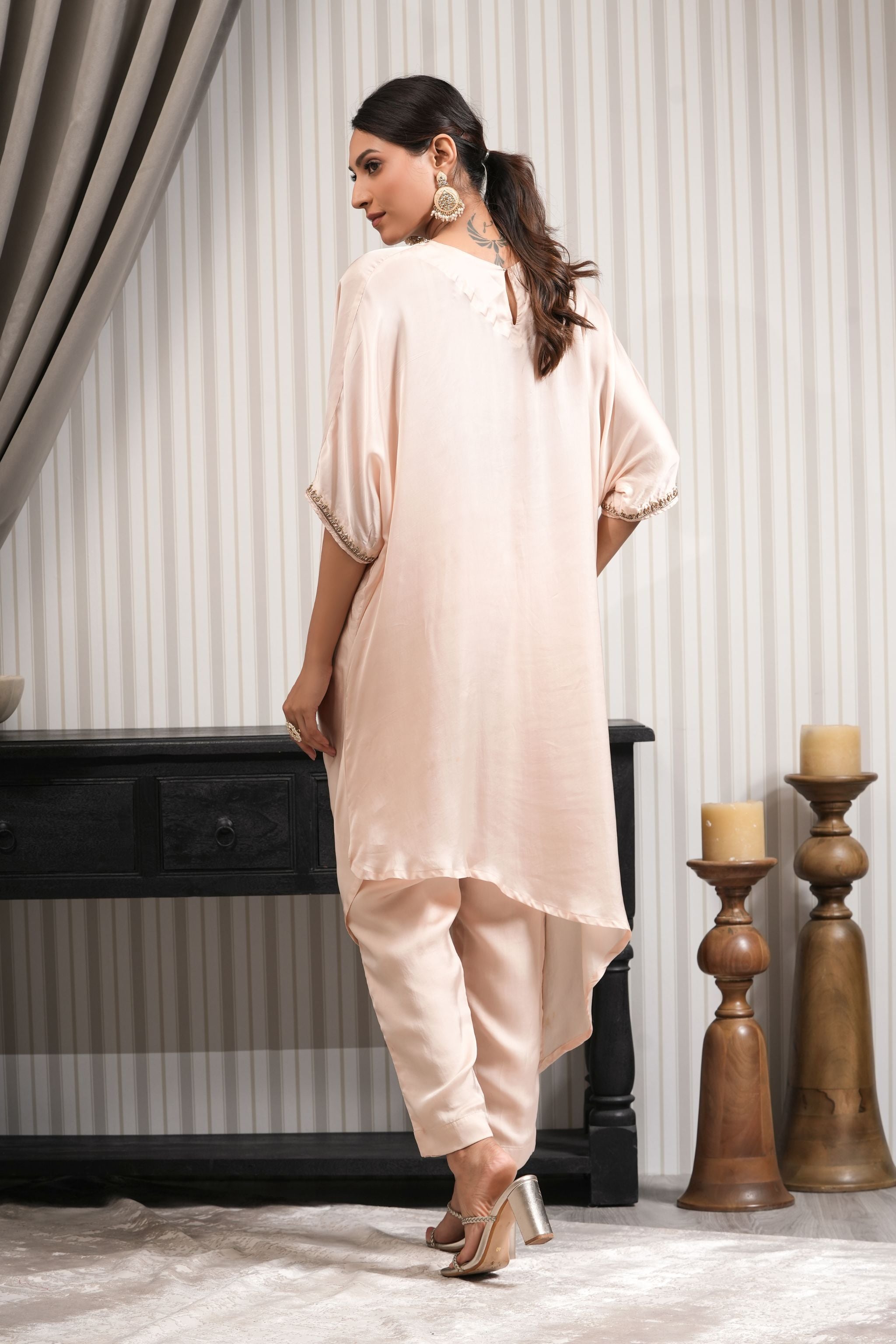 Cowl Neck Embroidered Kurta Set - Nude