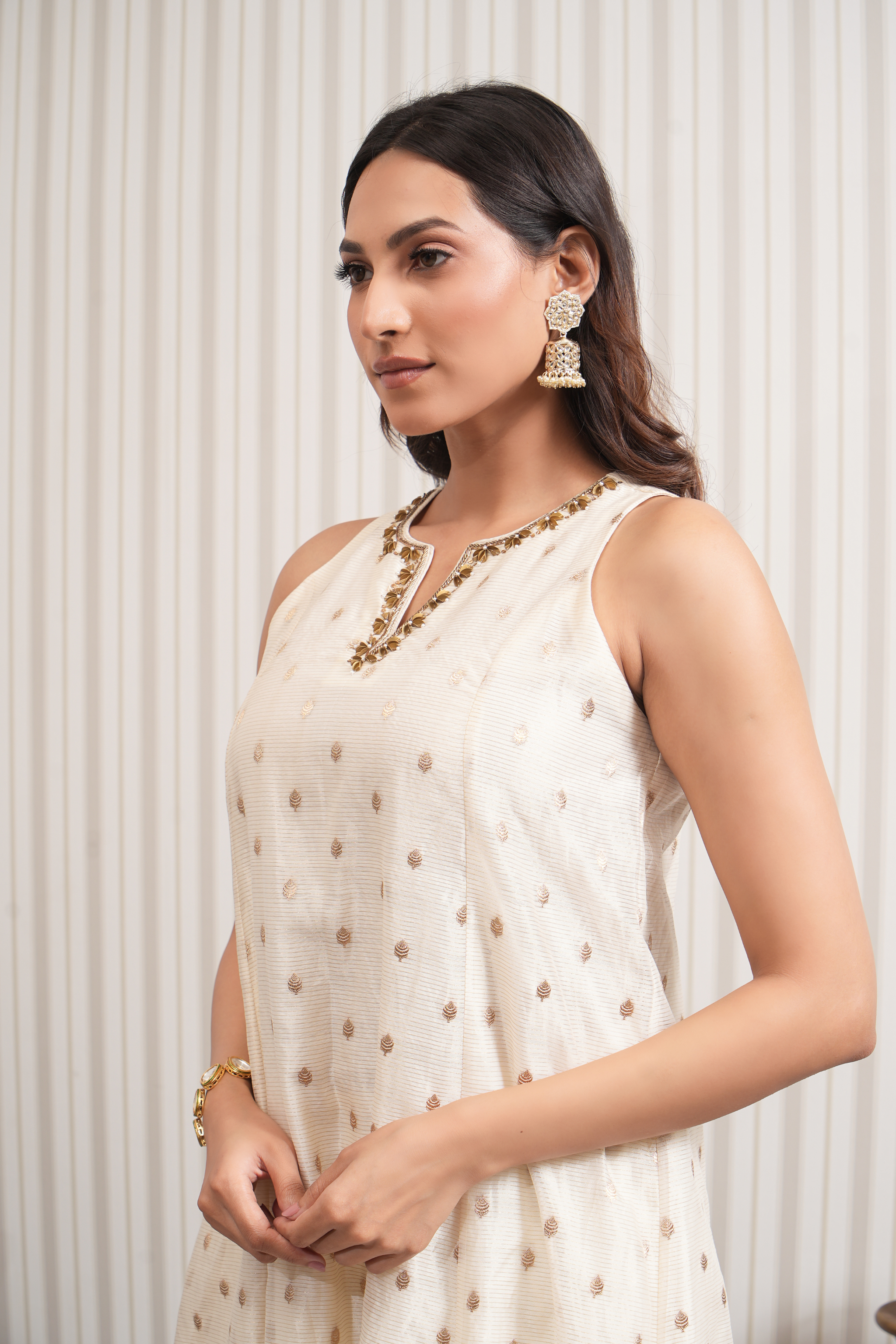 Handcrafted Pure Chanderi Booti A-line Kurta Set - Off White