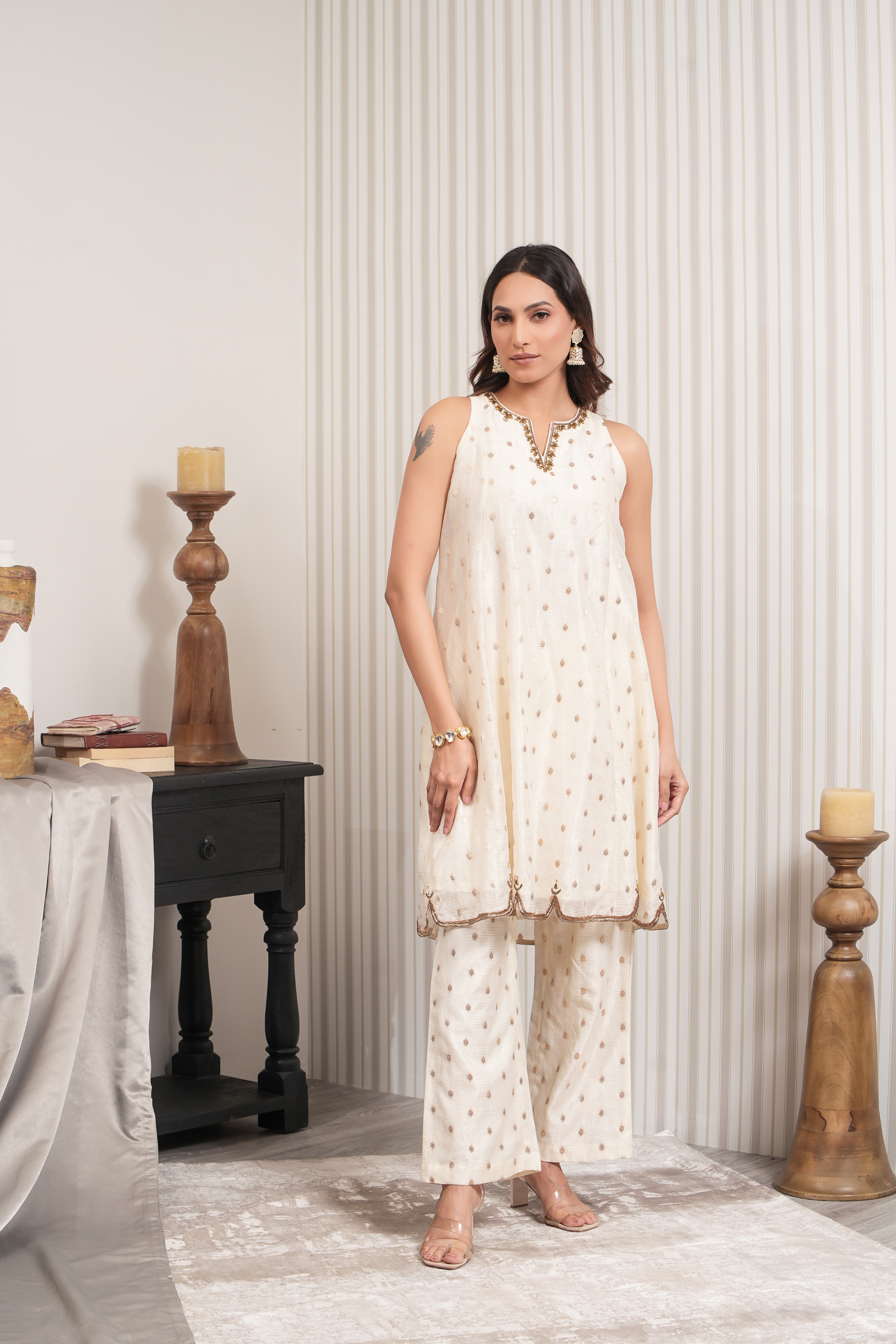 Handcrafted Pure Chanderi Booti A-line Kurta Set - Off White
