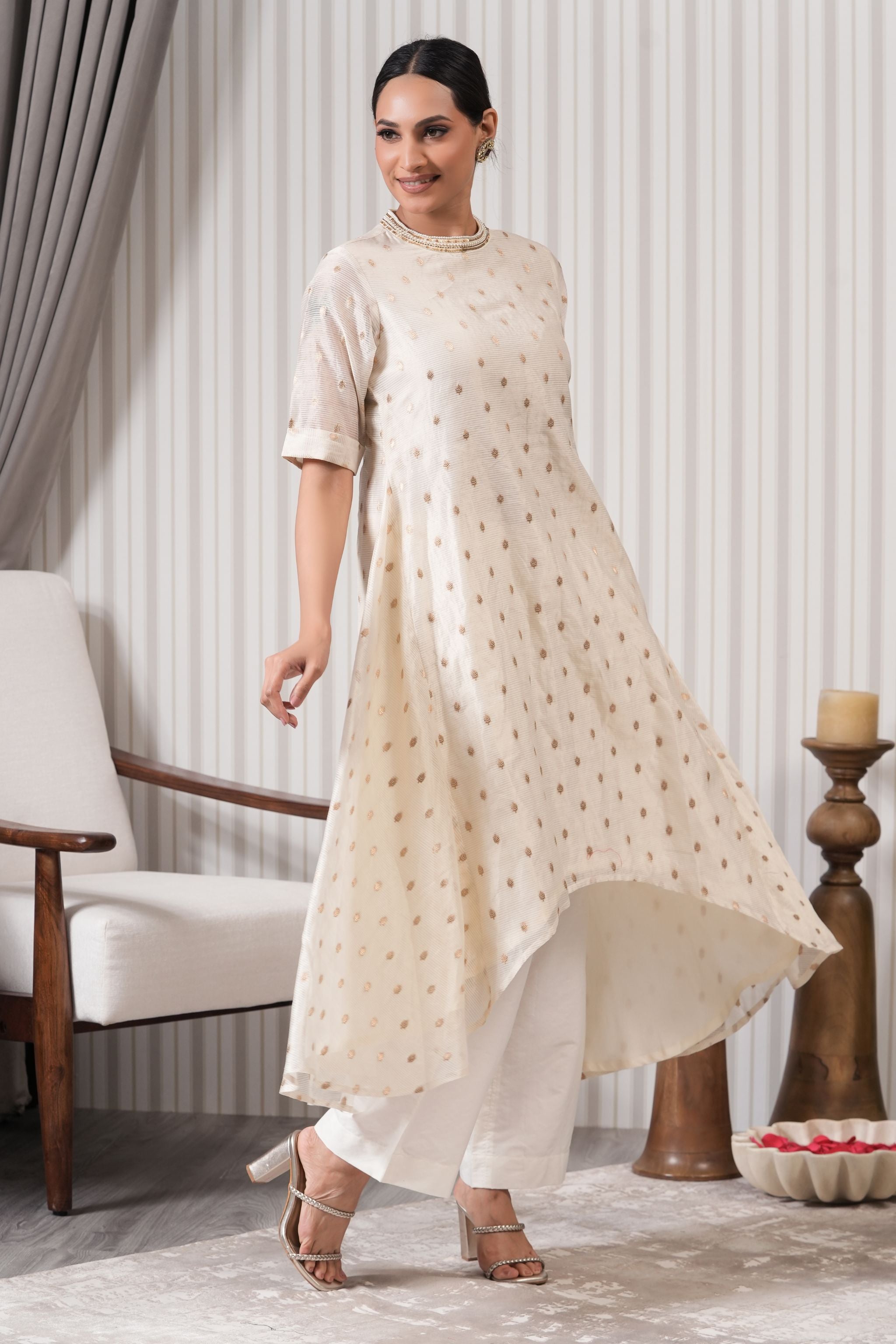 Embroidered Pure Chanderi Booti Asymmetric Kurta Set - Off White