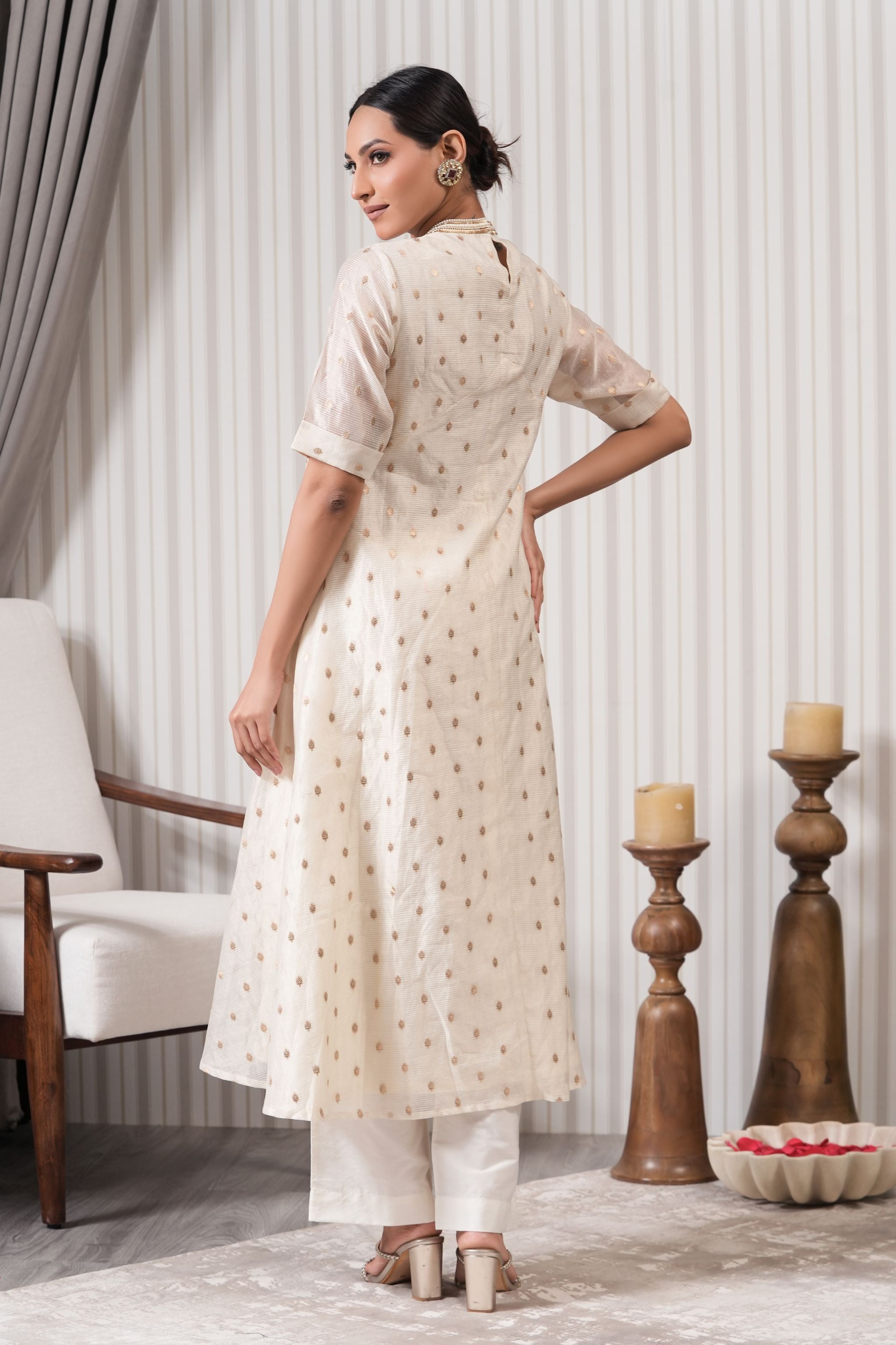 Embroidered Pure Chanderi Booti Asymmetric Kurta Set - Off White