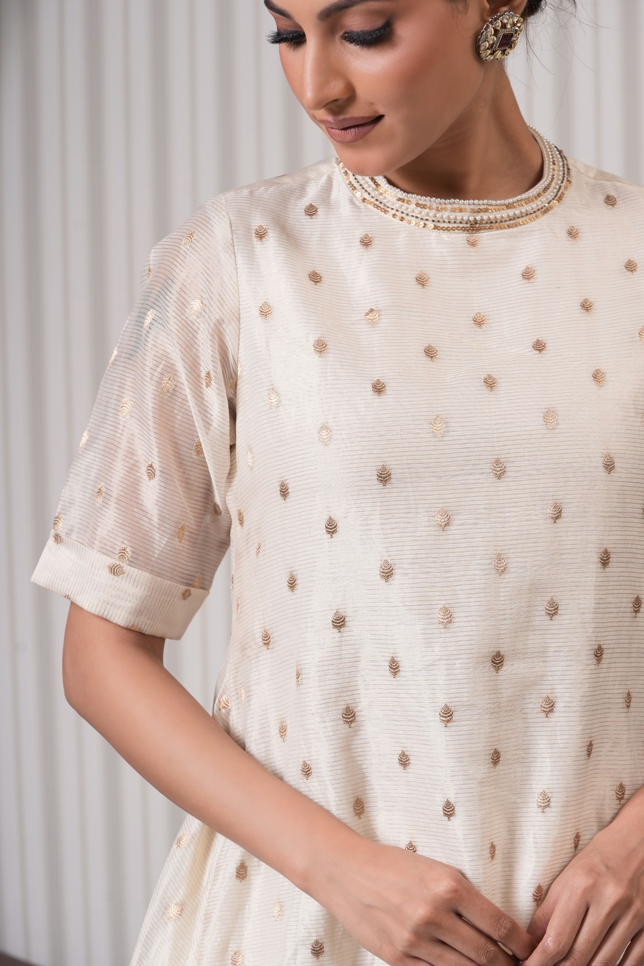 Embroidered Pure Chanderi Booti Asymmetric Kurta Set - Off White