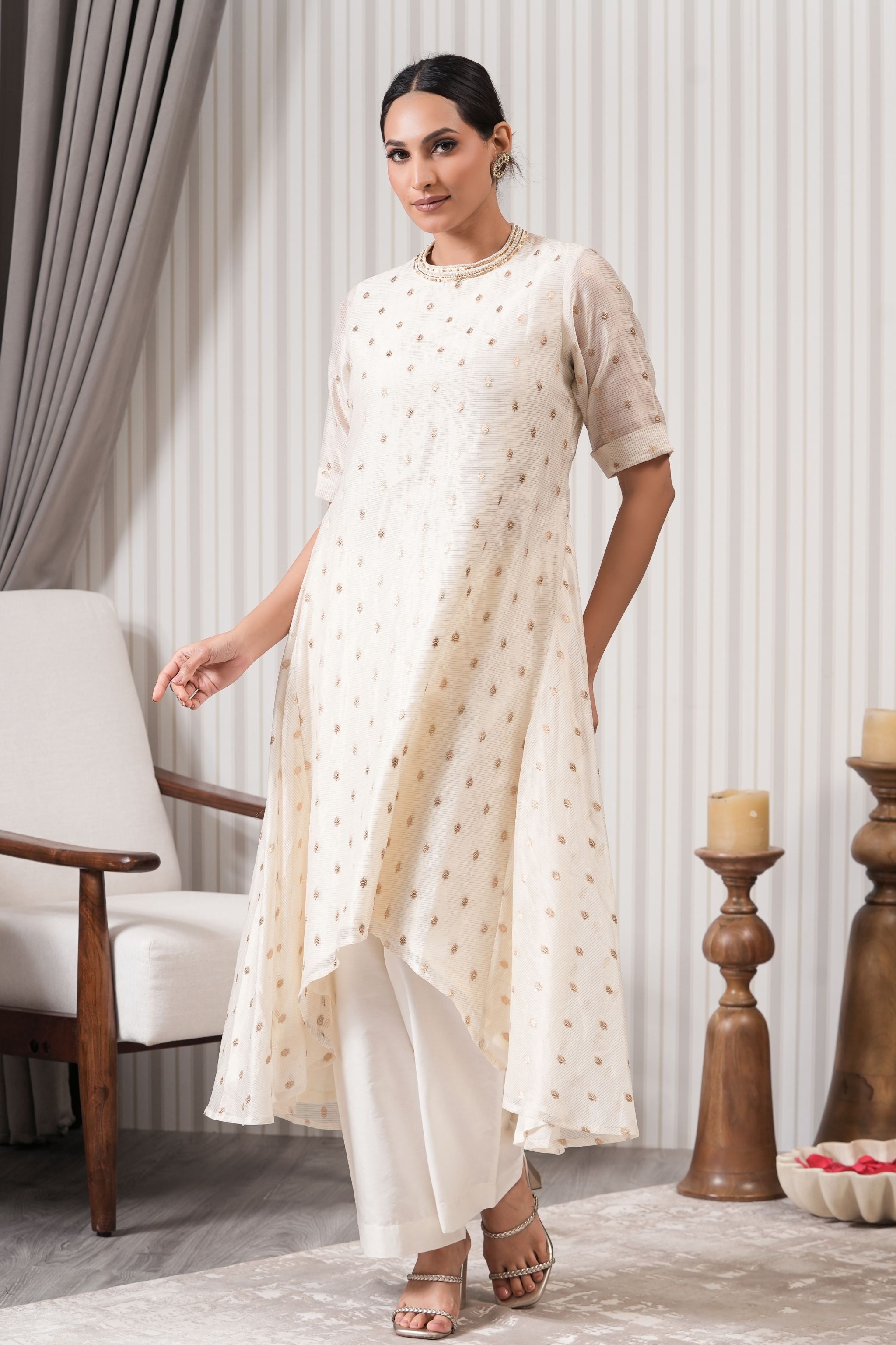 Embroidered Pure Chanderi Booti Asymmetric Kurta Set - Off White